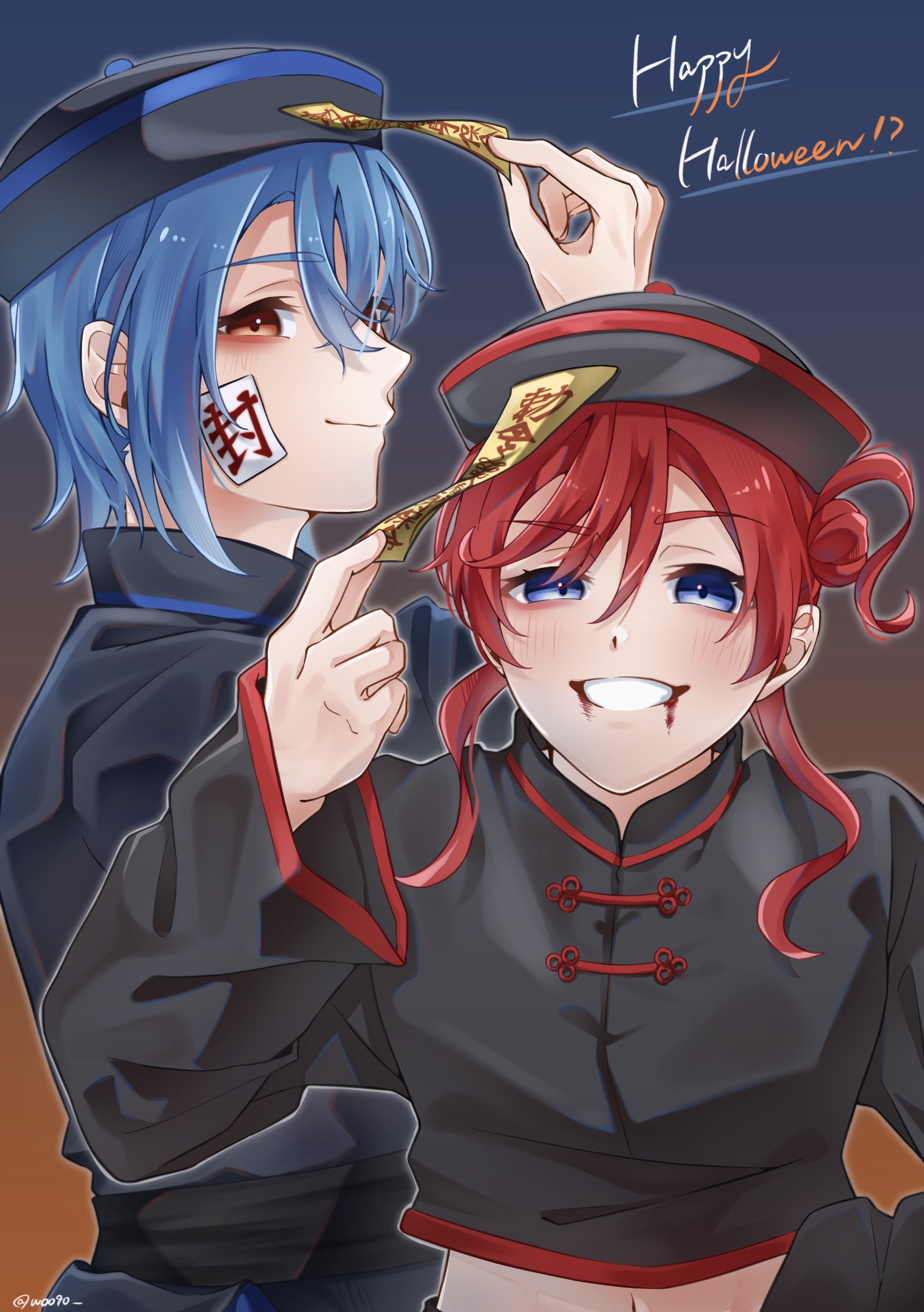 wotaku jinsei enjoy ikioi, wakana shiki, yoneme mei, love live!, love live! superstar!!, absurdres, commentary, highres, symbol-only commentary, 2girls, black hat, black shirt, blue background, blue eyes, blue hair, chinese clothes, closed mouth, crop top, cropped shirt, fake blood, gradient background, grin, hair between eyes, hair bun, hat, jiangshi costume, long sleeves, looking at viewer, midriff, multiple girls, navel, ofuda, orange background, orange eyes, profile, qingdai guanmao, red hair, shirt, short hair, short hair with long locks, single side bun, smile, two-tone background, uneven eyes