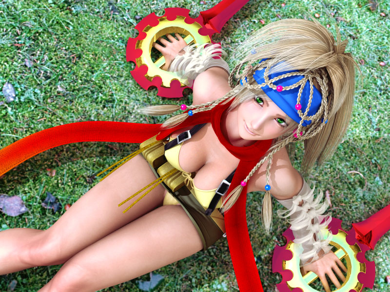 incise soul, m-rs, rikku (ff10), final fantasy, final fantasy x, final fantasy x-2, 00s, 1girl, 3d, blonde hair, braid, breasts, cleavage, female focus, from above, grass, green eyes, legs, long hair, plant, scarf, sitting, skirt, solo, weapon