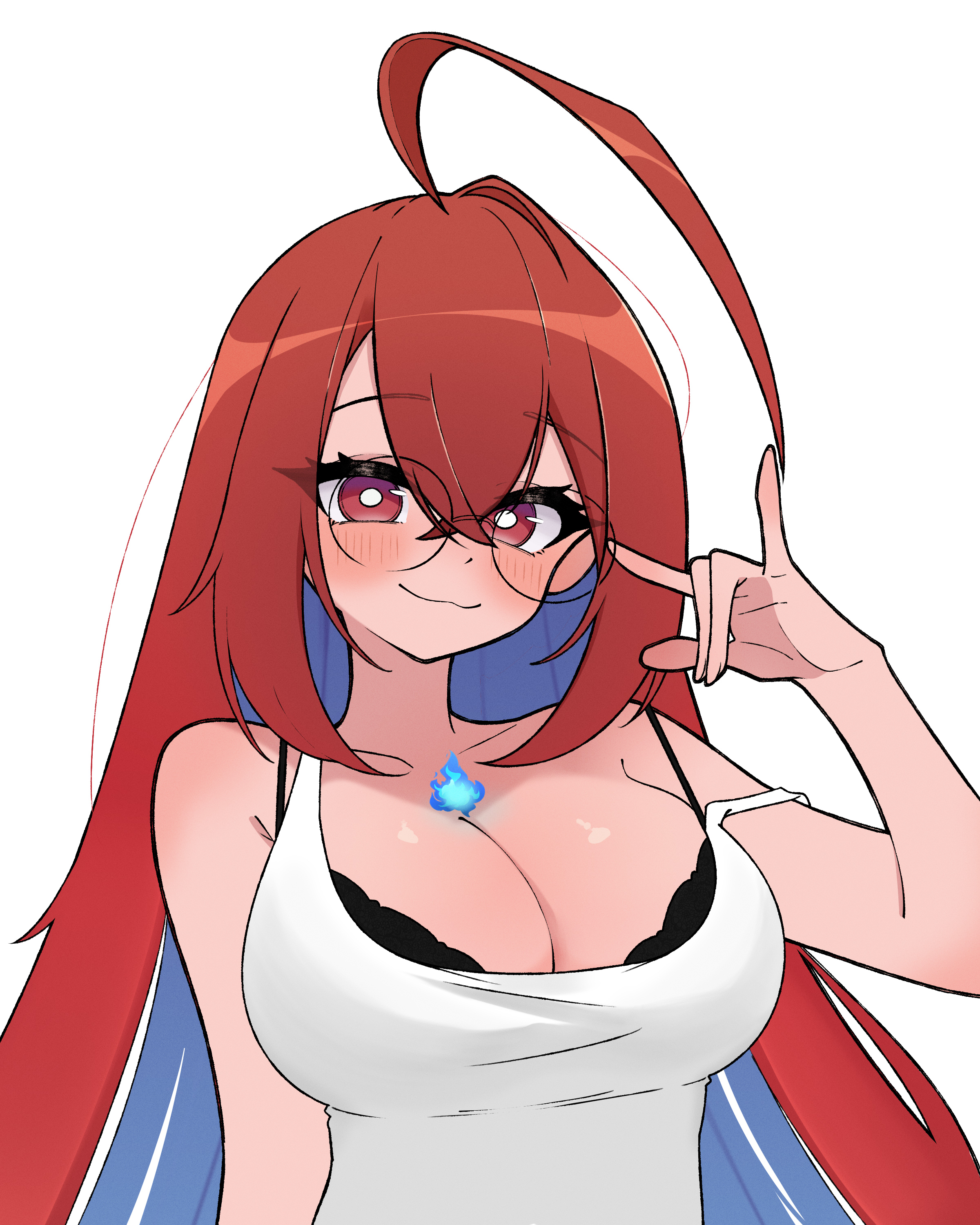aeulos357, elizabeth rose bloodflame, hololive, hololive english, absurdres, highres, 1girl, m/, ahoge, bare arms, bare shoulders, black bra, blue fire, blush, bra, breasts, cleavage, closed mouth, colored inner hair, fire, fire on chest, glasses, hair between eyes, huge ahoge, large breasts, long hair, looking at viewer, multicolored hair, off-shoulder shirt, off shoulder, round eyewear, shirt, smile, solo, tank top, underwear, virtual youtuber, white background, white tank top