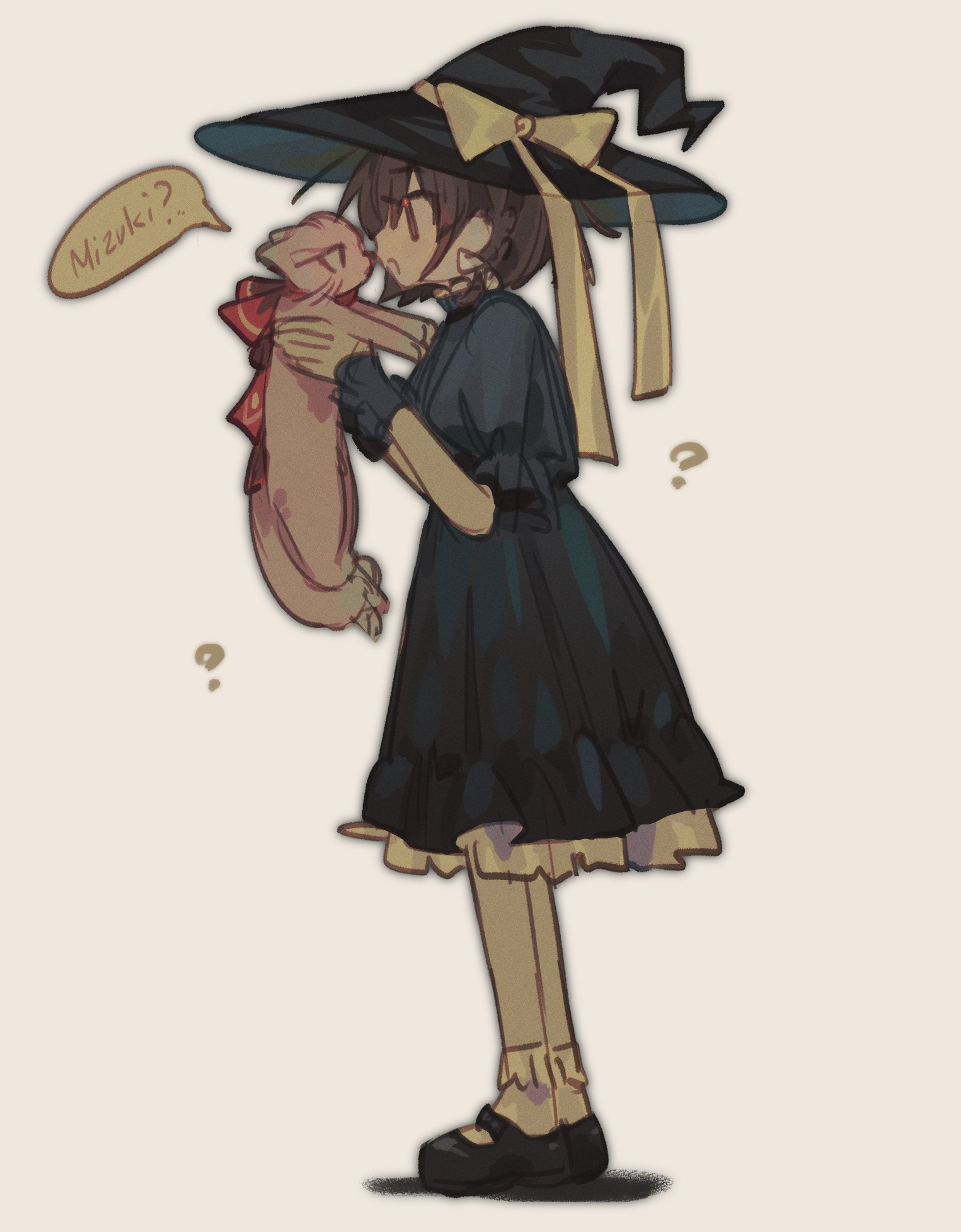 luwwakk, akiyama mizuki, shinonome ena, project sekai, commentary, highres, symbol-only commentary, 1girl, :d, ?, animal, animalization, ankle socks, black dress, black hat, black shoes, bow, brown background, brown eyes, brown hair, cat, dress, film grain, frilled sleeves, frilled socks, frills, from side, hair bow, hat, hat bow, holding, holding animal, holding cat, large hat, looking at animal, mary janes, medium dress, open mouth, petticoat, pink cat, profile, puffy short sleeves, puffy sleeves, red bow, shadow, shoes, short hair, short sleeves, simple background, smile, socks, speech bubble, standing, white bow, white socks, witch hat