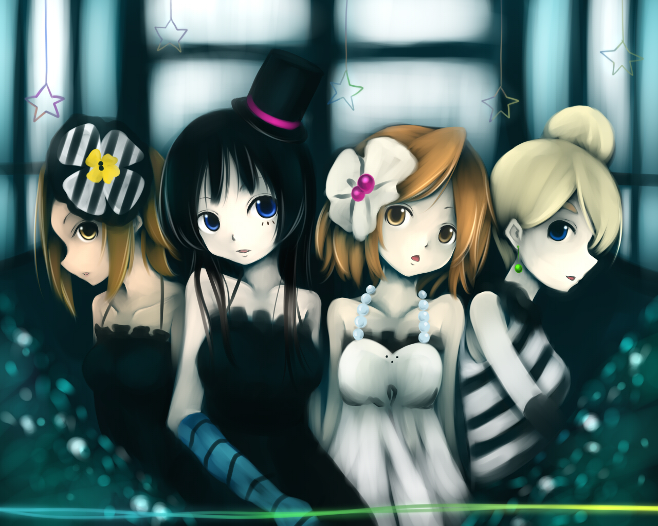 cla, akiyama mio, hirasawa yui, kotobuki tsumugi, tainaka ritsu, don't say "lazy", k-on!, striped, 00s, 4girls, bare shoulders, black hair, blonde hair, blue eyes, brown hair, earrings, gloves, hair bun, ho-kago tea time, jewelry, multiple girls, open mouth, orange eyes, profile, single hair bun, star (symbol)