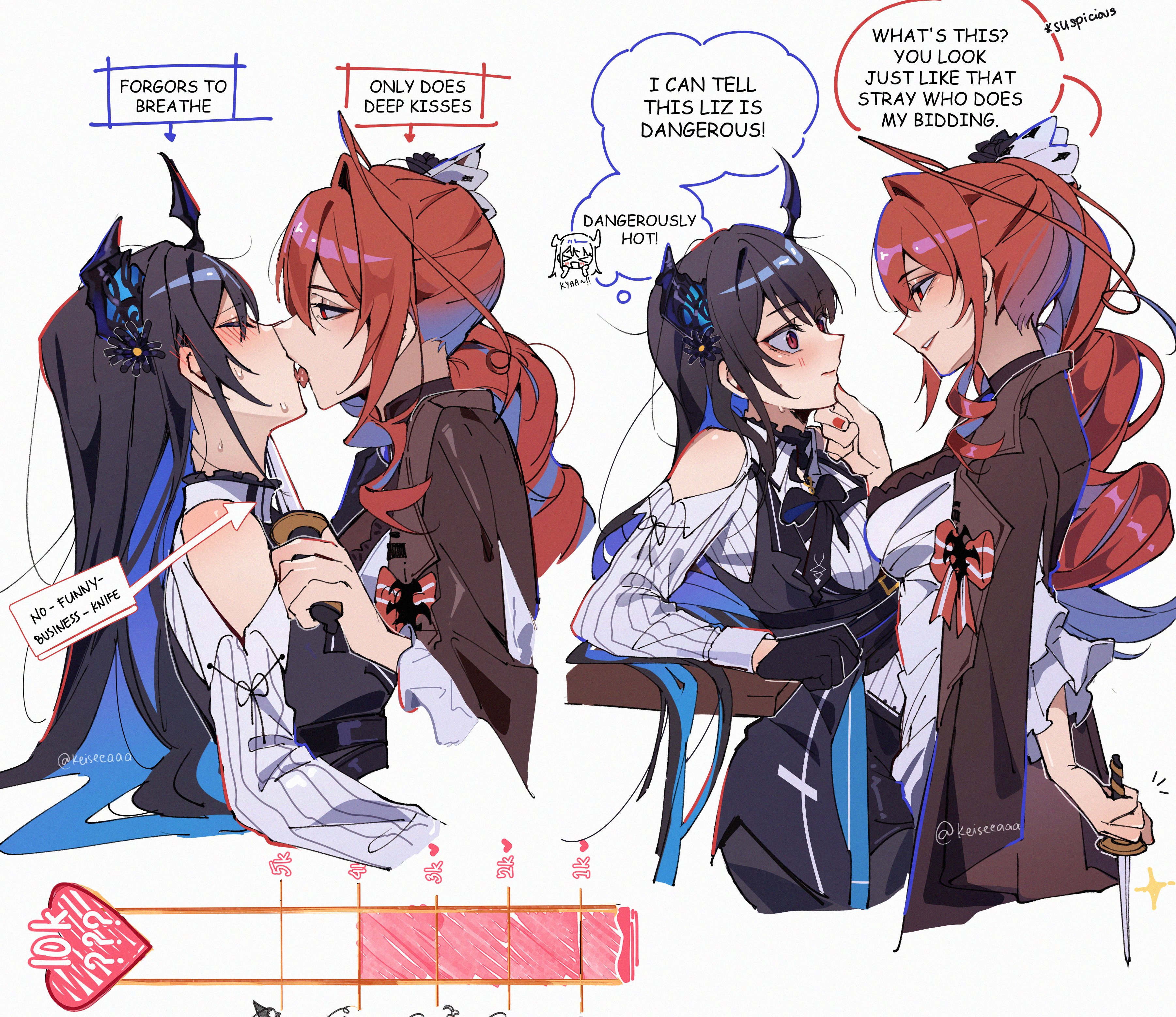 keisea, elizabeth rose bloodflame, nerissa ravencroft, hololive, absurdres, commentary, english commentary, highres, 2girls, black hair, black jacket, blade to throat, blue hair, blush, closed mouth, clothing cutout, colored inner hair, drill hair, ear blush, english text, french kiss, hand on another's chin, holding, holding knife, horns, jacket, kiss, kiss meter (meme), knife, long hair, meme, multicolored hair, multiple girls, parted lips, pink eyes, red eyes, red hair, shirt, shoulder cutout, simple background, smile, speech bubble, sweat, tongue, tongue out, virtual youtuber, white background, white shirt, yuri