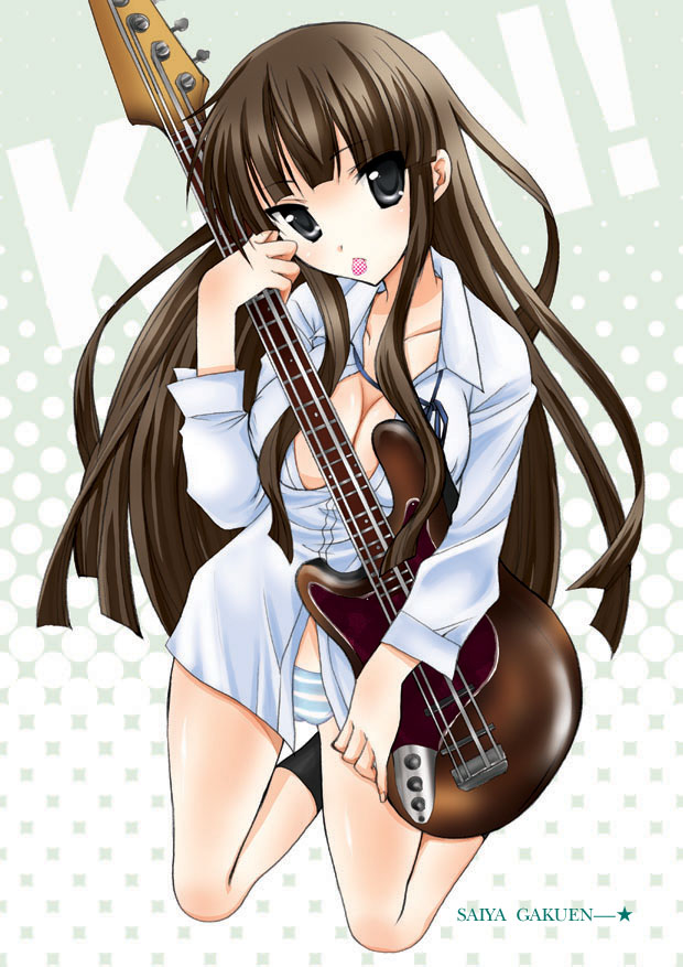 saiya, akiyama mio, k-on!, 00s, 1girl, bass guitar, breasts, cleavage, female focus, full body, instrument, large breasts, open clothes, open shirt, panties, shirt, solo, underwear