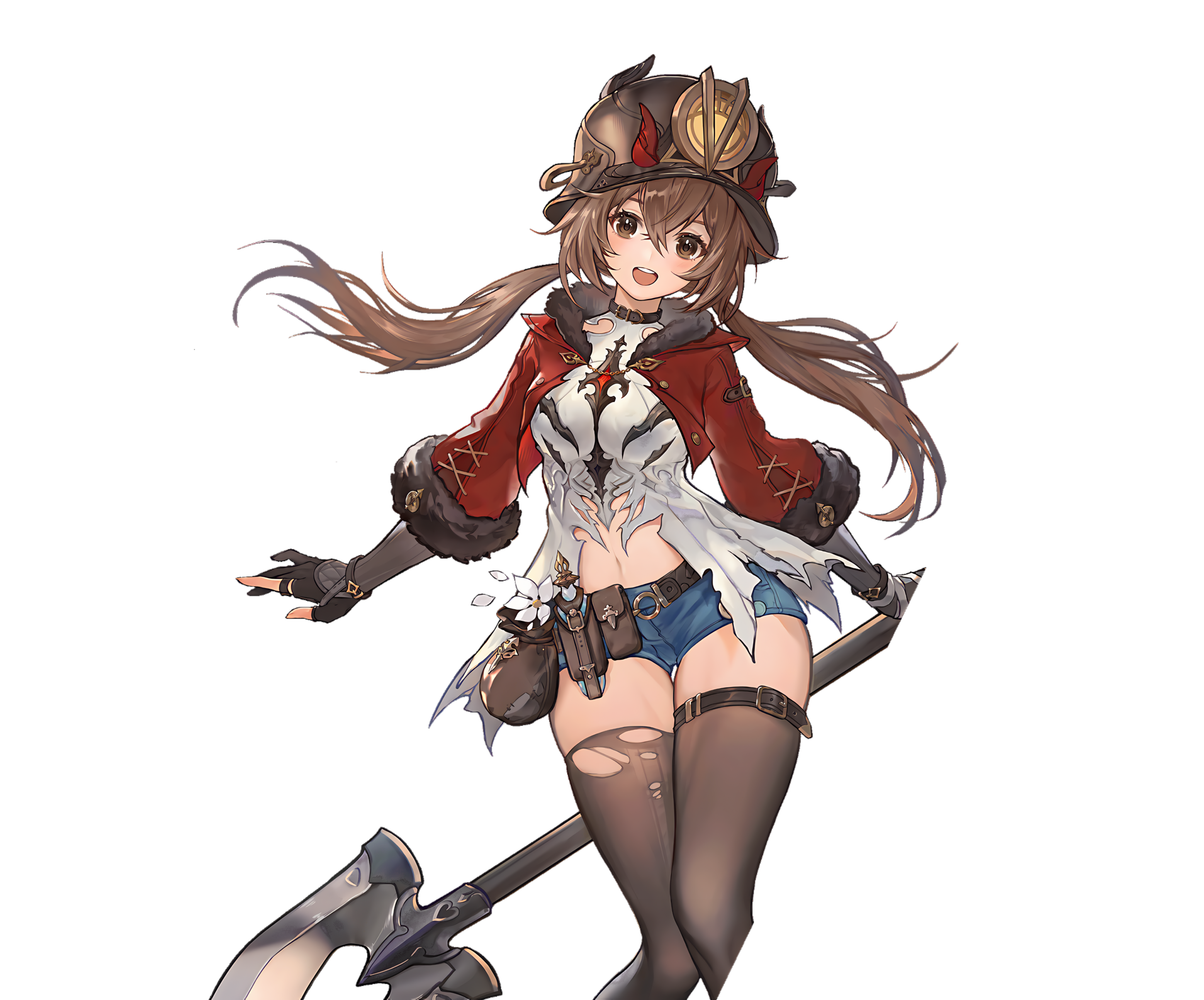 duet night abyss, absurdres, highres, 1girl, brown hair, happy, jacket, long hair, looking at viewer, margie (duet night abyss), open mouth, red jacket, short shorts, shorts, shovel, upper body