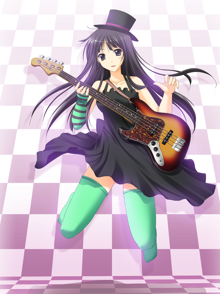 takepon, akiyama mio, don't say "lazy", k-on!, highres, 00s, 1girl, arm warmers, bare shoulders, bass guitar, black eyes, black hair, dress, female focus, full body, guitar, hat, instrument, long hair, solo, thighhighs, top hat