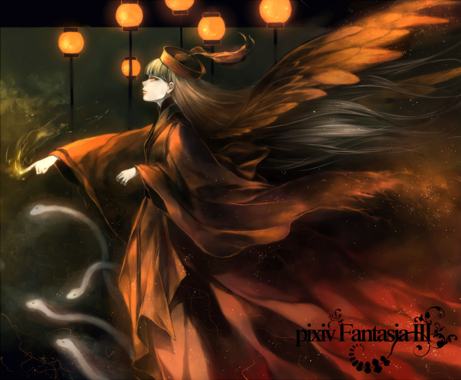 ryou (kimagure), pixiv fantasia, pixiv fantasia 3, bad id, bad pixiv id, fire, glowing, glowing eyes, grey hair, hat, long hair, red eyes, robe, solo, wings