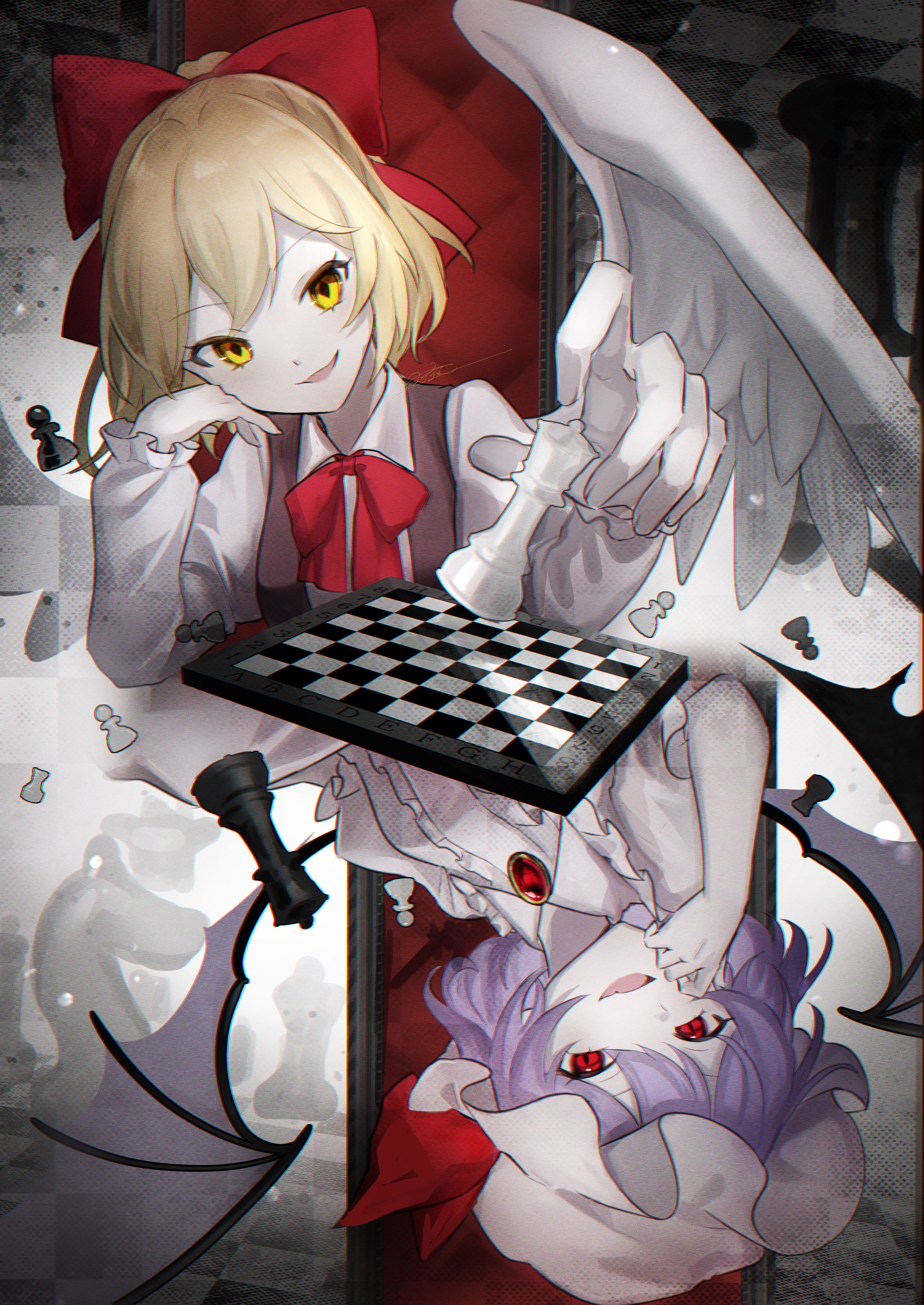 rokuya (68 zusao), gengetsu (touhou), remilia scarlet, touhou, touhou (pc-98), absurdres, commentary, highres, 2girls, bat wings, blonde hair, board game, bow, brooch, brown vest, center frills, chess, chess piece, chessboard, fang, feathered wings, frilled hat, frilled sleeves, frills, hair bow, hat, hat ribbon, head tilt, in-franchise crossover, jewelry, long sleeves, mob cap, multiple girls, pawn (chess), playing chess, puffy long sleeves, puffy sleeves, purple hair, queen (chess), red bow, red eyes, red ribbon, ribbon, rook (chess), shirt, short hair, sitting, smile, trait connection, upper body, vest, white hat, white shirt, white wings, wings, yellow eyes