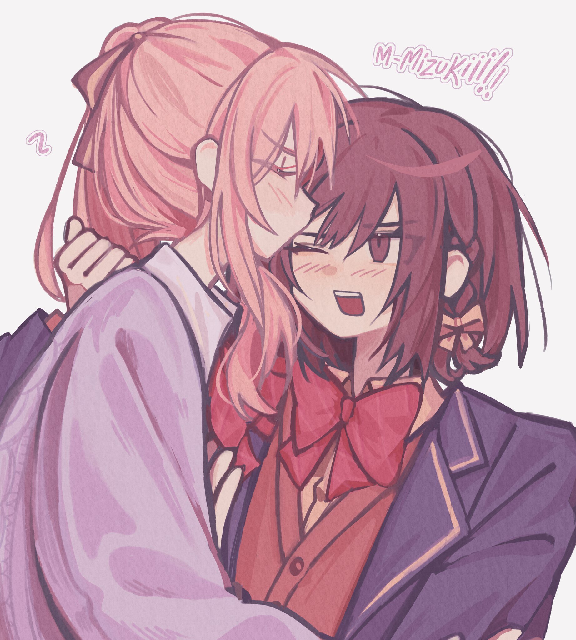 luwwakk, akiyama mizuki, shinonome ena, project sekai, commentary, highres, 1girl, 1other, ^ ^, blazer, blue jacket, blush, bow, bowtie, braid, brown bow, brown cardigan, brown eyes, brown hair, cardigan, closed eyes, collared shirt, diagonal-striped bow, diagonal-striped bowtie, diagonal-striped clothes, eyes visible through hair, facing another, film grain, grey background, hair between eyes, hair bow, hand up, high side ponytail, jacket, kamiyama high school uniform (project sekai), kiss, kissing forehead, lapels, layered sleeves, long hair, long sleeves, looking at another, one eye closed, open clothes, open jacket, open mouth, other with female, pink hair, profile, puffy long sleeves, puffy sleeves, purple sweater, red bow, red bowtie, school uniform, shirt, short hair, side braid, side ponytail, sidelocks, simple background, single braid, striped bow, striped bowtie, striped clothes, sweater, upper body, v-shaped eyebrows, yellow bow, yellow shirt