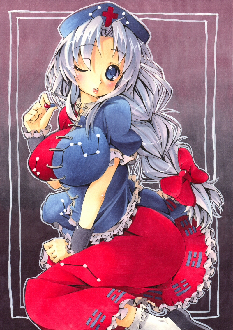 shie, shie (m417), yagokoro eirin, touhou, silver hair, bad id, bad pixiv id, traditional media, 1girl, blue eyes, blush, breasts, drugs, female focus, large breasts, one eye closed, pill, solo, wink