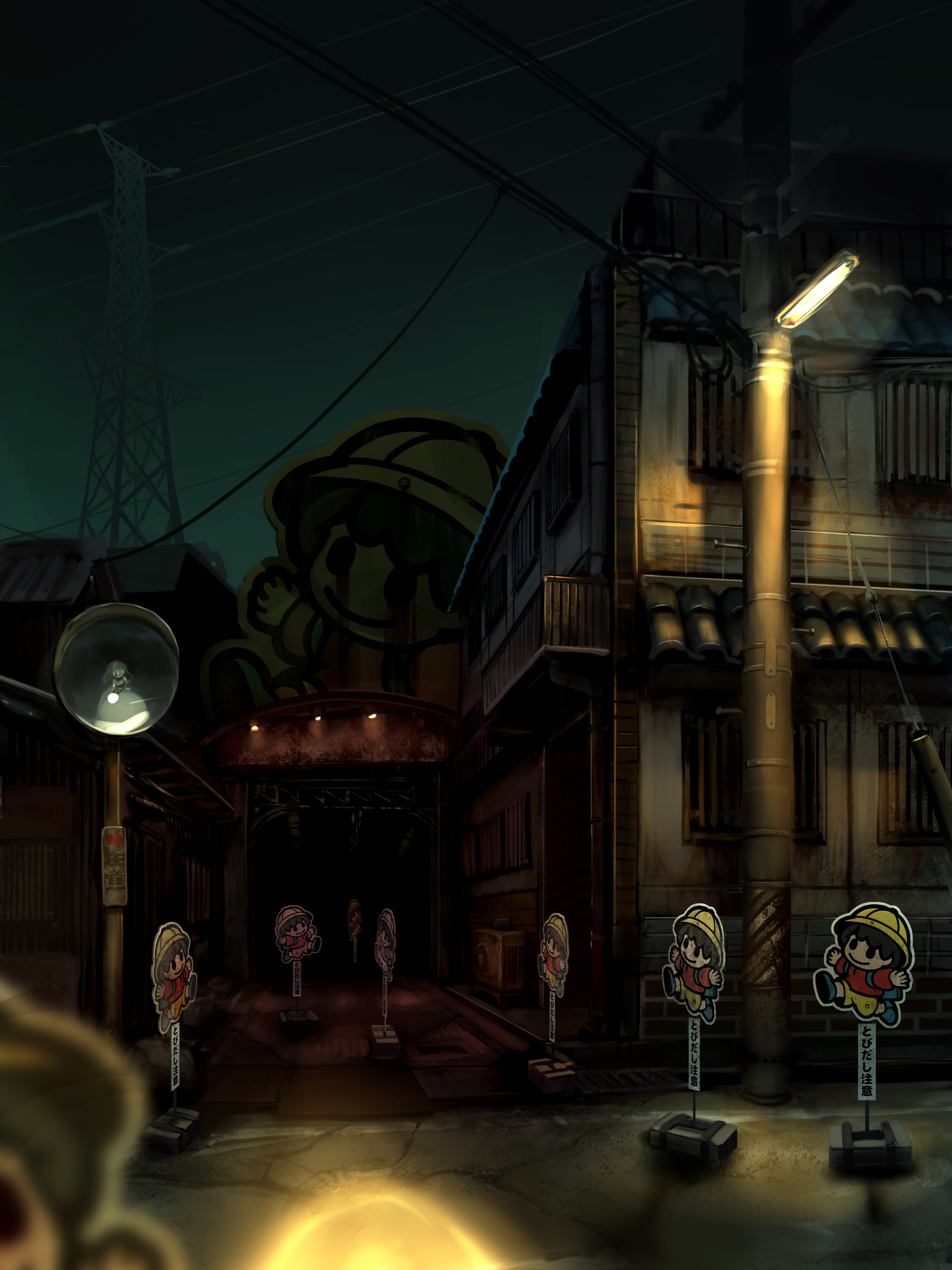 nekoita, original, commentary, highres, building, city, dark, horror (theme), lamppost, night, night sky, no humans, outdoors, power lines, road, rust, scenery, sky, tobidashi-bouya, transmission tower, tunnel, utility pole, window