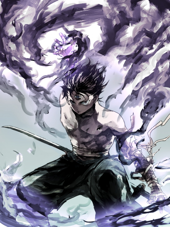 homex, hiei, yuu yuu hakusho, md5 mismatch, resolution mismatch, source larger, 1boy, aura, bandages, katana, male focus, solo, sword, third eye, topless male, weapon