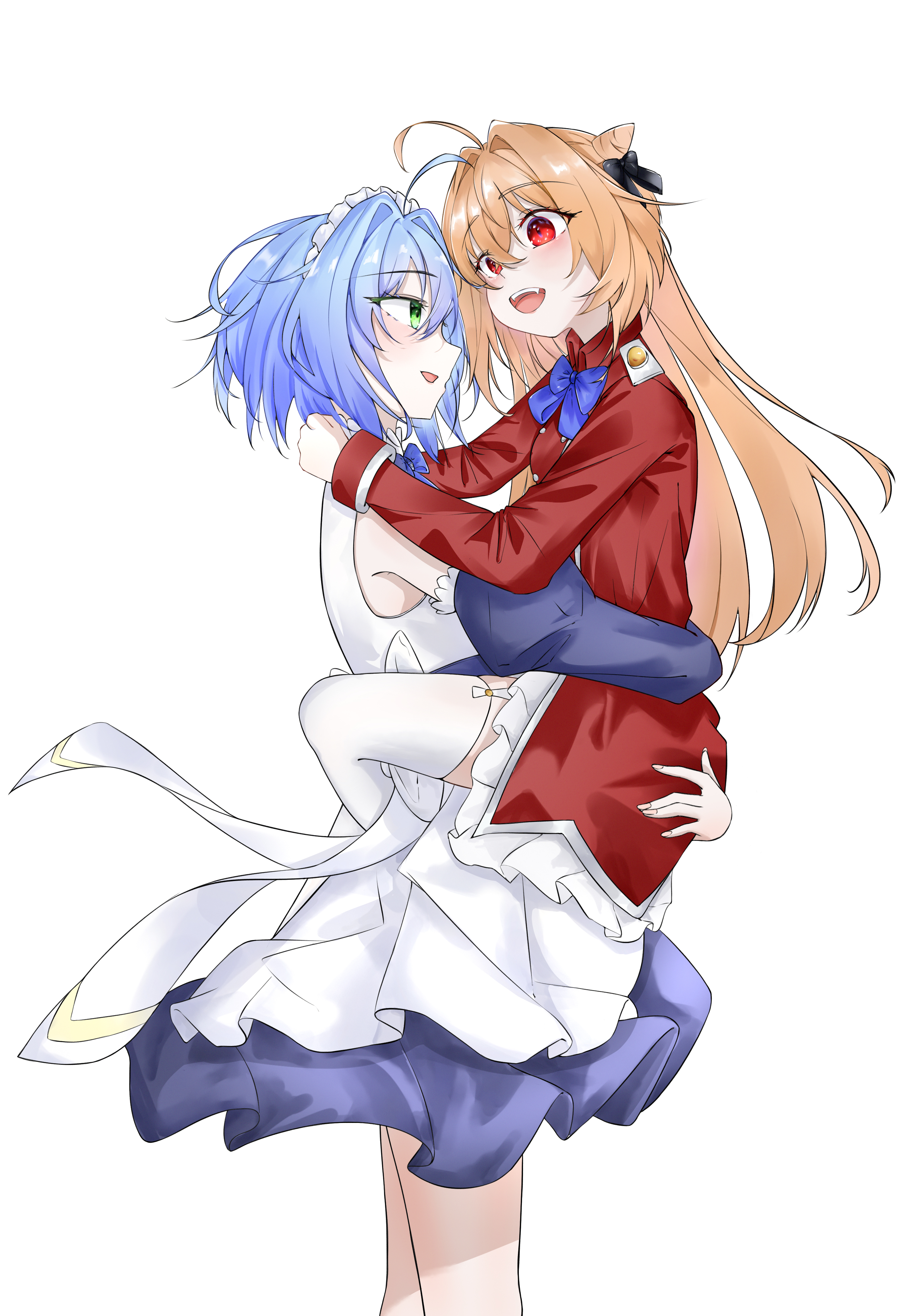 terakomari gandezblood, villhaze, hikikomari kyuuketsuki no monmon, absurdres, chinese commentary, commentary request, highres, 2girls, arms around neck, blonde hair, blue bow, blue bowtie, blue hair, bow, bowtie, cone hair bun, detached sleeves, dress, fang, green eyes, hair bun, hand on another's waist, hug, long hair, maid headdress, multiple girls, open mouth, red dress, red eyes, short hair, simple background, smile, thighhighs, white background, white dress, white thighhighs, wo zhen te me xue bu hui shang shai, yuri