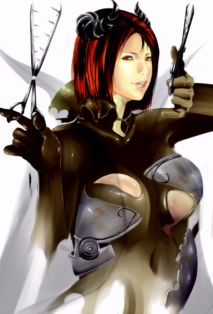 cevoy, original, bad id, bad pixiv id, 1girl, female focus, horns, lipstick, makeup, red eyes, red hair, scissors, solo, torn clothes