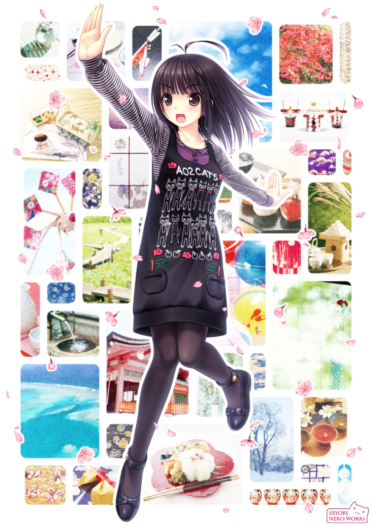 sayori (neko works), sayori (sayori (neko works)), original, striped, bad id, bad pixiv id, highres, 1girl, :d, ahoge, black hair, blunt bangs, cherry blossoms, chopsticks, female focus, food, full body, long sleeves, open mouth, outstretched arms, pantyhose, petals, short hair, smile, solo, spread arms