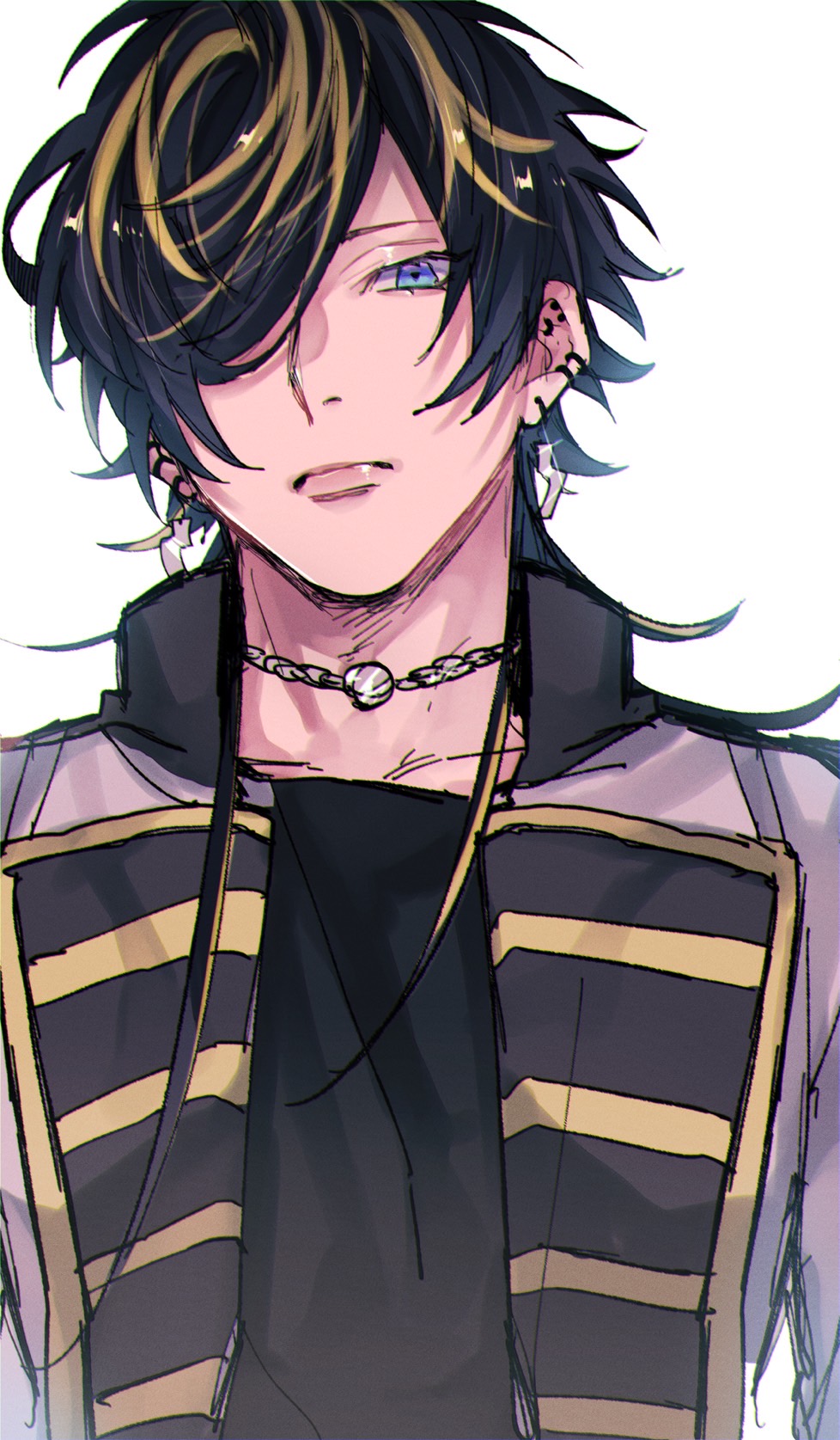 nishino (fetv8484), aimono jyushi, hypnosis mic, highres, 1boy, black hair, blonde streaks, blue eyes, chain choker, ear piercing, earrings, expressionless, grey jacket, hair over one eye, head tilt, high collar, jacket, jewelry, lapels, male focus, multicolored hair, piercing, solo, two-tone hair, upper body, white background, yellow trim
