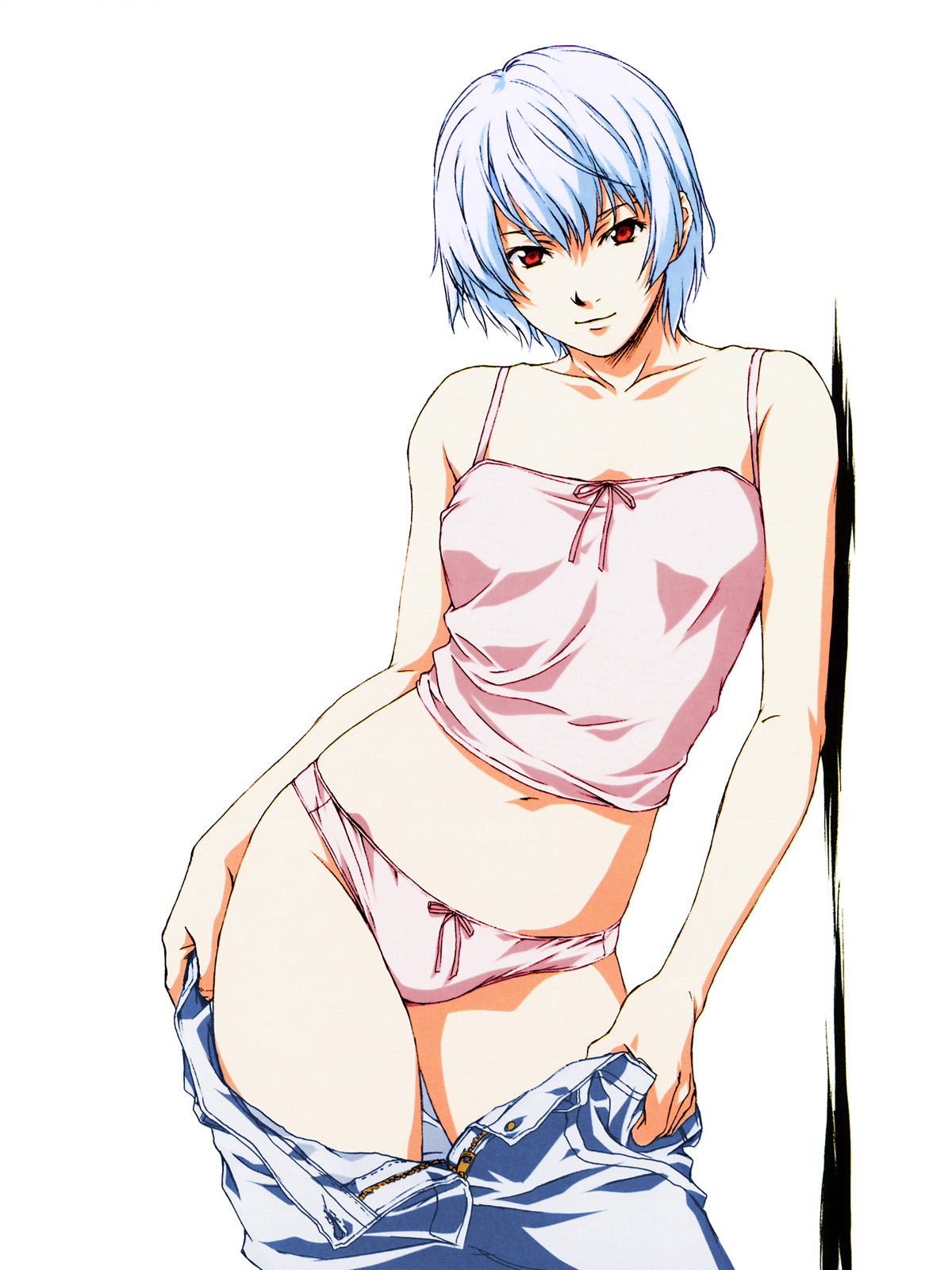 horibe hiderou, ayanami rei, neon genesis evangelion, duplicate, highres, third-party edit, 1girl, aged up, blue hair, bow, bow panties, camisole, clothes pull, denim, female focus, jeans, midriff, panties, pants, pants pull, pink panties, pulling own clothes, red eyes, short hair, solo, standing, underwear, undressing, unzipped