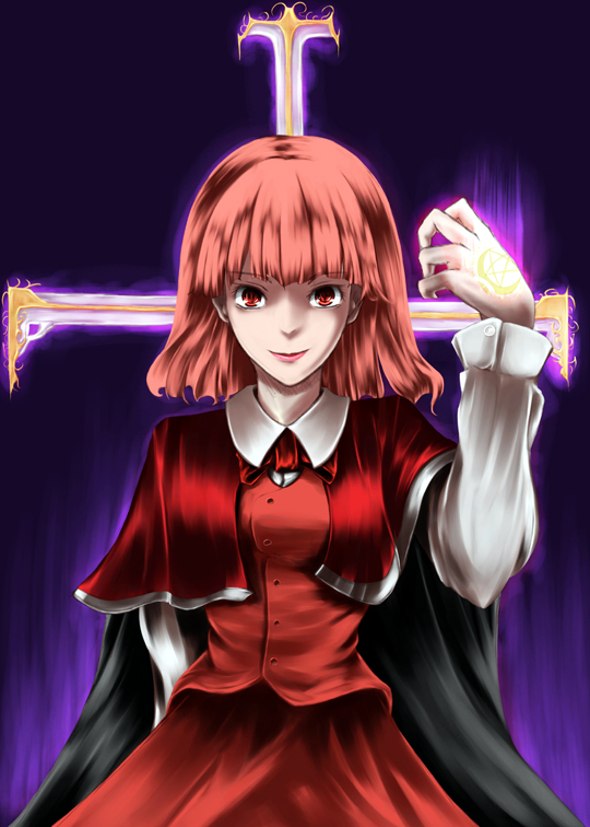 r0g0b0, okazaki yumemi, phantasmagoria of dim.dream, touhou, touhou (pc-98), bad id, bad pixiv id, 1girl, cape, cross, female focus, red eyes, red hair, solo