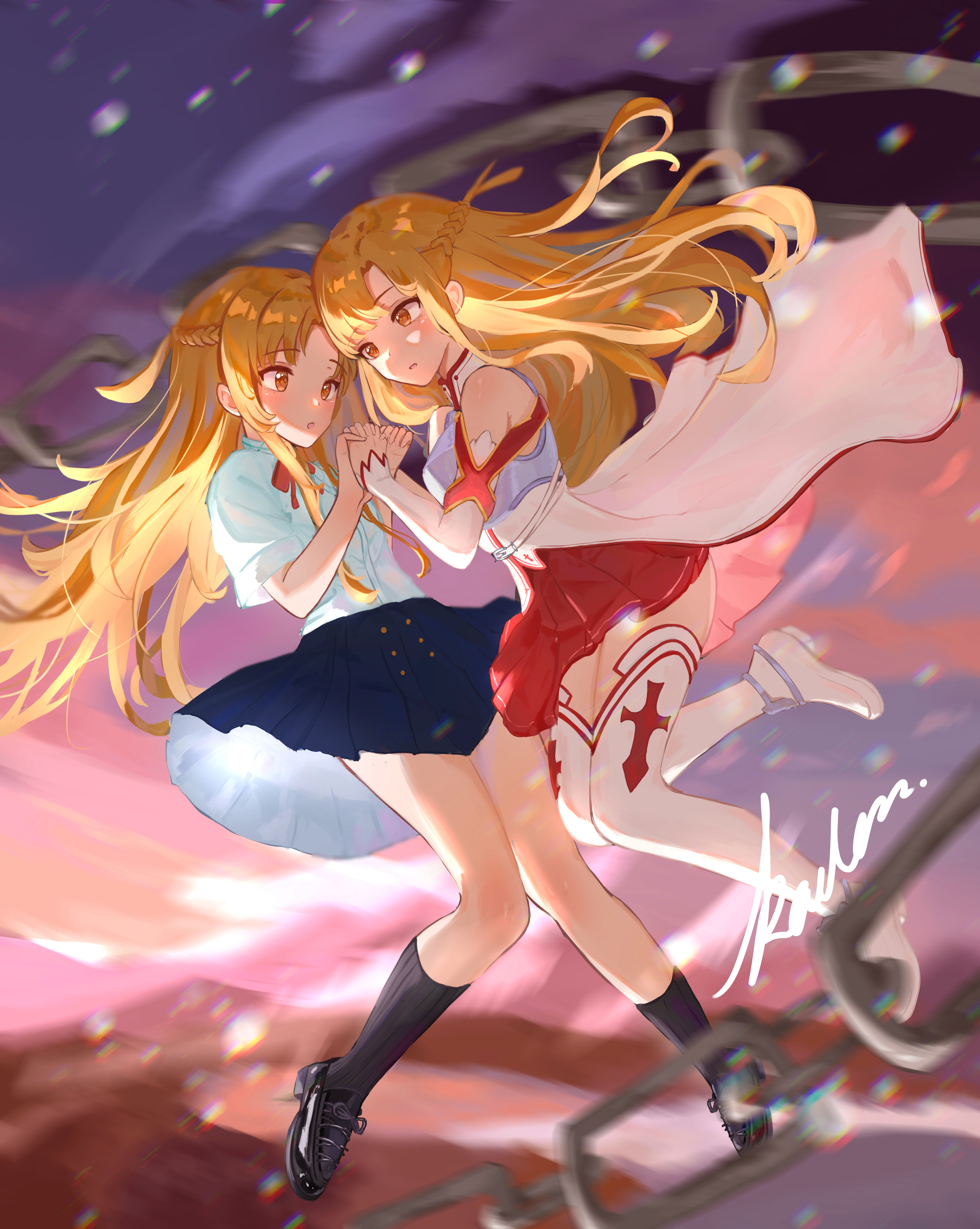 kaden jai, asuna (sao), titania (sao), sword art online, absurdres, highres, 2girls, :o, black shoes, black socks, blonde hair, blue skirt, braid, chain, detached sleeves, dual persona, falling, floating clothes, floating hair, forehead, half up braid, holding hands, kneehighs, long hair, miniskirt, motion blur, multiple girls, orange eyes, parted bangs, parted lips, pleated skirt, red skirt, school uniform, shirt, shoes, short sleeves, skirt, sleeveless, sleeveless shirt, socks, thighhighs, white shirt, white shoes, white thighhighs