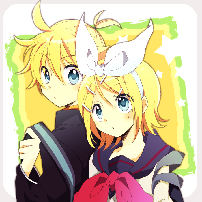 hino (moca), wst 11, kagamine len, kagamine rin, vocaloid, bad id, bad pixiv id, 1boy, 1girl, brother and sister, casual, school uniform, siblings, twins