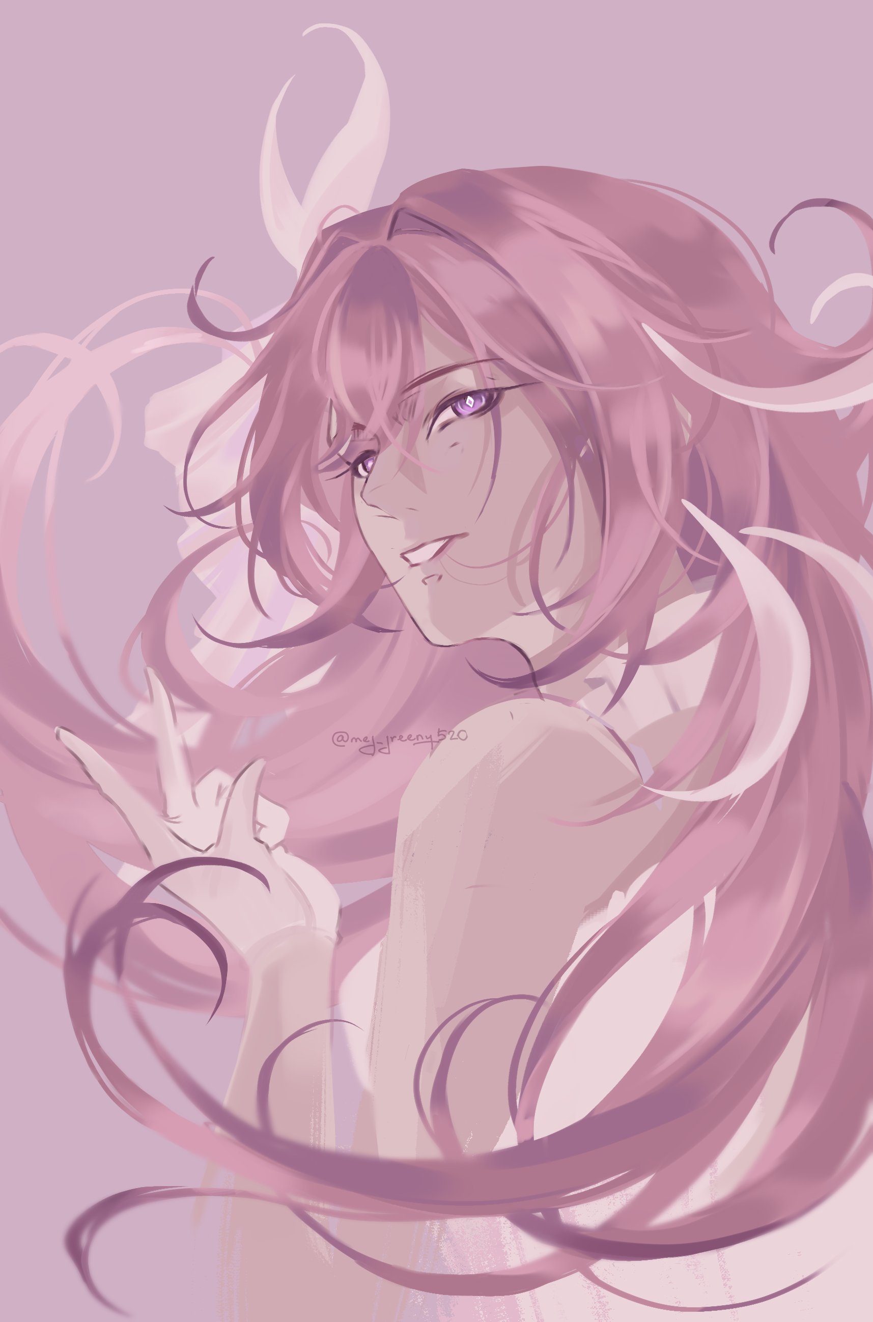 meg greeny520, elysia (herrscher of human: ego) (honkai impact), elysia (honkai impact), honkai (series), honkai impact 3rd, absurdres, commentary, english commentary, highres, 1girl, bare shoulders, breasts, corset, diamond-shaped pupils, diamond (shape), from side, long hair, medium breasts, multicolored hair, parted lips, pink hair, purple background, purple eyes, solo, symbol-shaped pupils, two-tone hair, upper body, very long hair, white corset, white hair