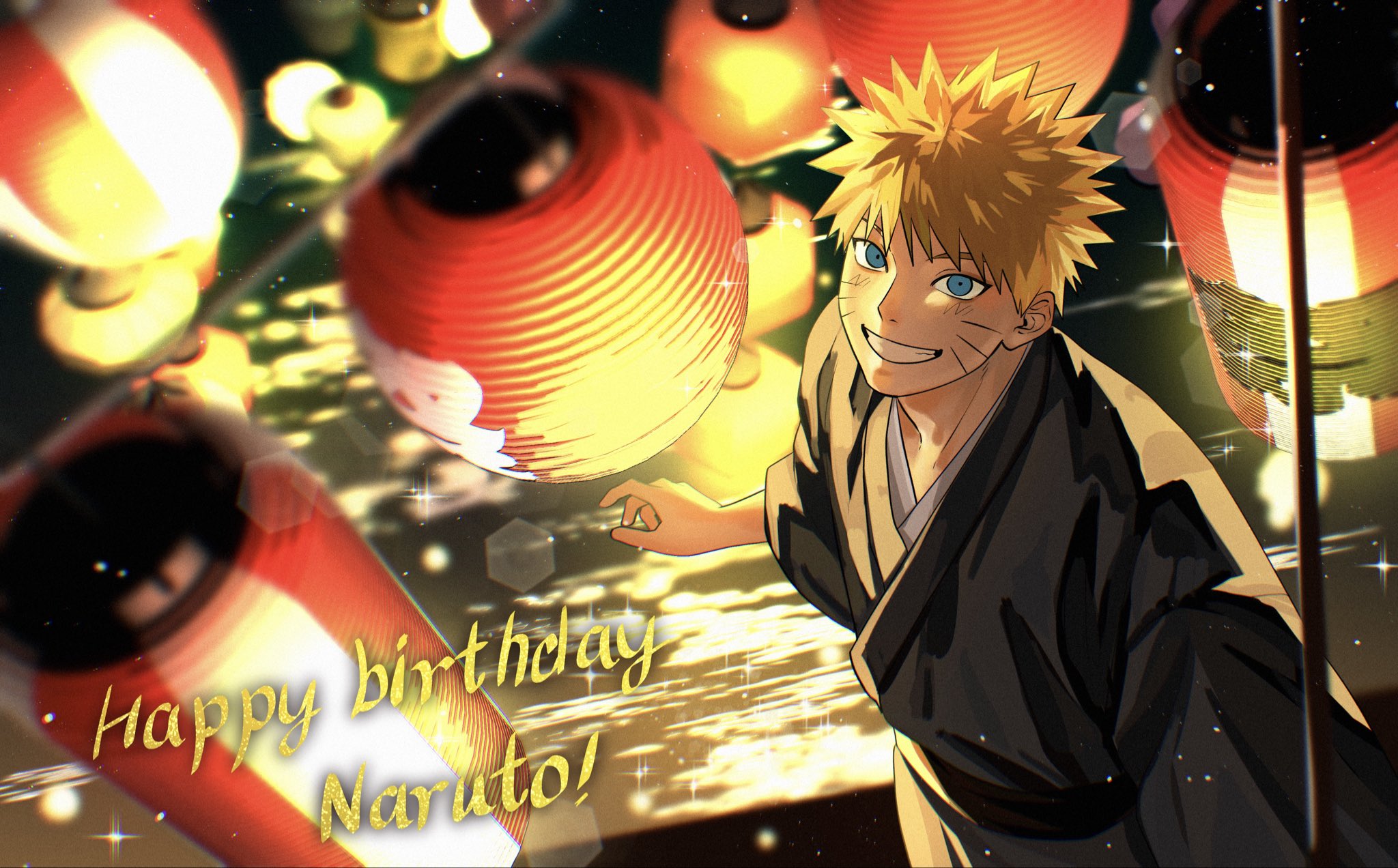 uzumaki naruto, naruto (series), highres, 1boy, bagyuli271, black kimono, blonde hair, blue eyes, character name, facial mark, from above, grin, happy birthday, japanese clothes, kimono, lantern, lantern festival, male focus, short hair, sky lantern, smile, solo, spiked hair, teeth, whisker markings