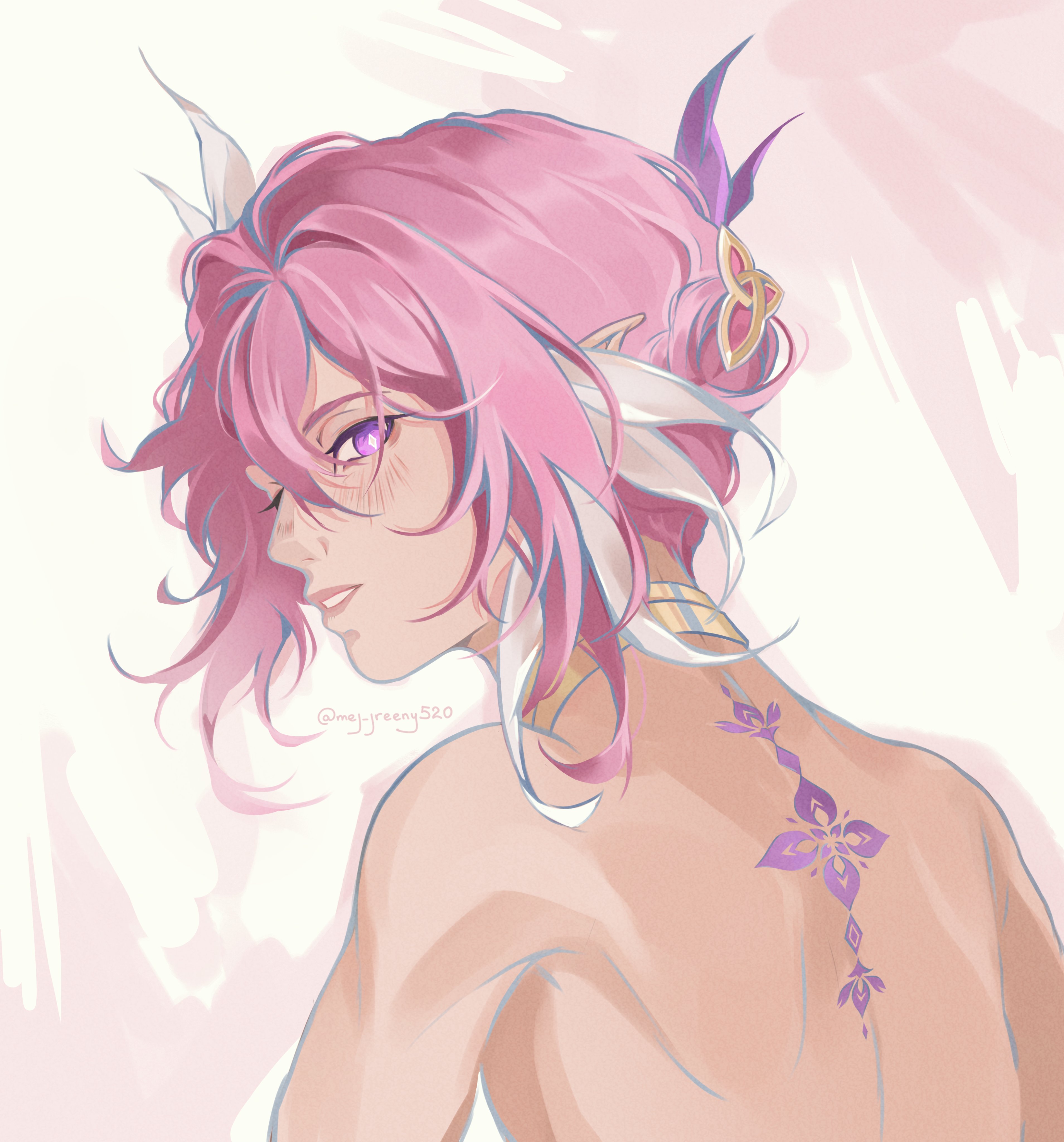 meg greeny520, elysia (herrscher of human: ego) (honkai impact), elysia (honkai impact), honkai (series), honkai impact 3rd, absurdres, commentary, highres, 1girl, back tattoo, elf, hair ornament, multicolored hair, nude, parted lips, pink hair, pointy ears, purple eyes, short hair, solo, tattoo, triquetra, twitter username, two-tone hair, white hair
