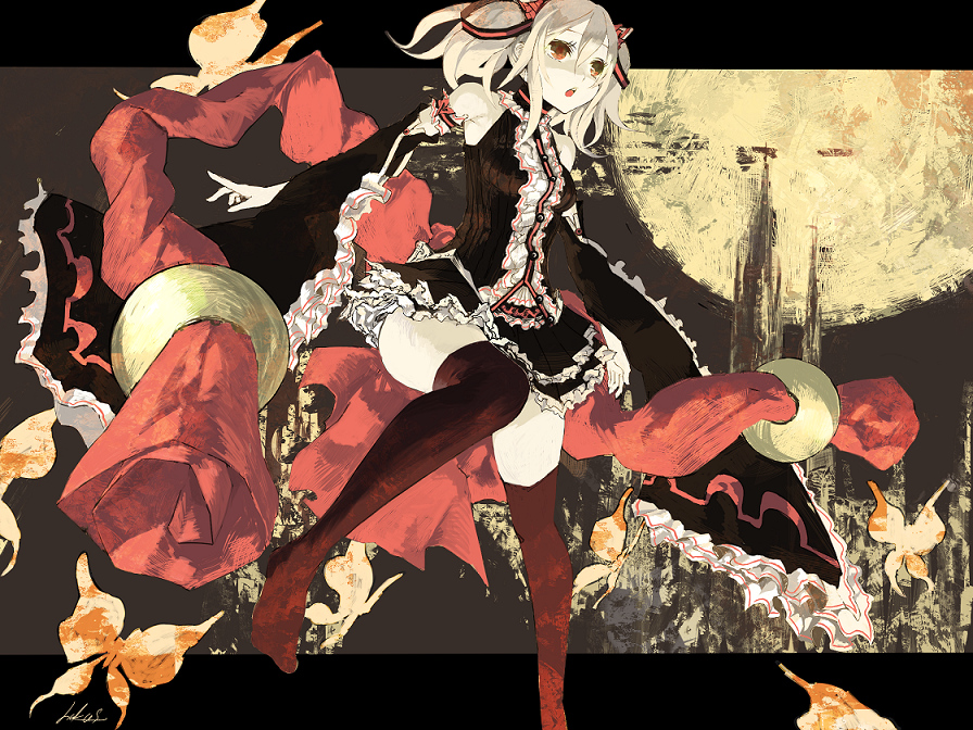 kunimura hakushi, original, bare shoulders, bug, butterfly, choker, dress, full moon, grey hair, insect, legs, moon, pale skin, red eyes, short hair, signature, thighhighs, twintails