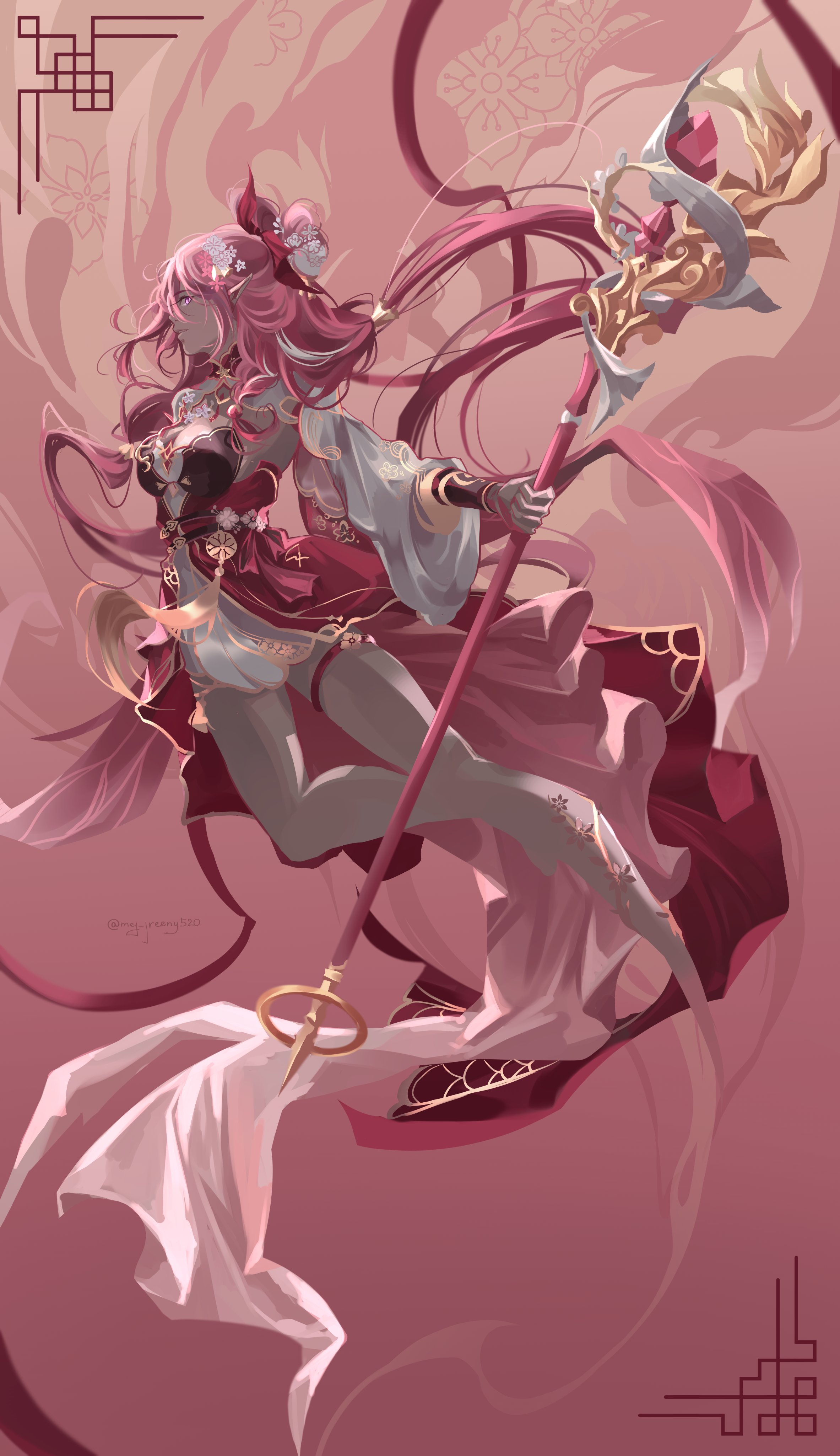 meg greeny520, elysia (herrscher of human: ego) (honkai impact), elysia (honkai impact), elysia (peachy spring) (honkai impact), honkai (series), honkai impact 3rd, absurdres, commentary, highres, symbol-only commentary, 1girl, barefoot, bell, breasts, detached sleeves, dress, elf, flower, hair bell, hair flower, hair ornament, holding, holding staff, large breasts, long sleeves, looking at viewer, official alternate costume, pink background, pink hair, pointy ears, puffy long sleeves, puffy sleeves, purple eyes, red dress, solo, staff, thigh strap, thighs