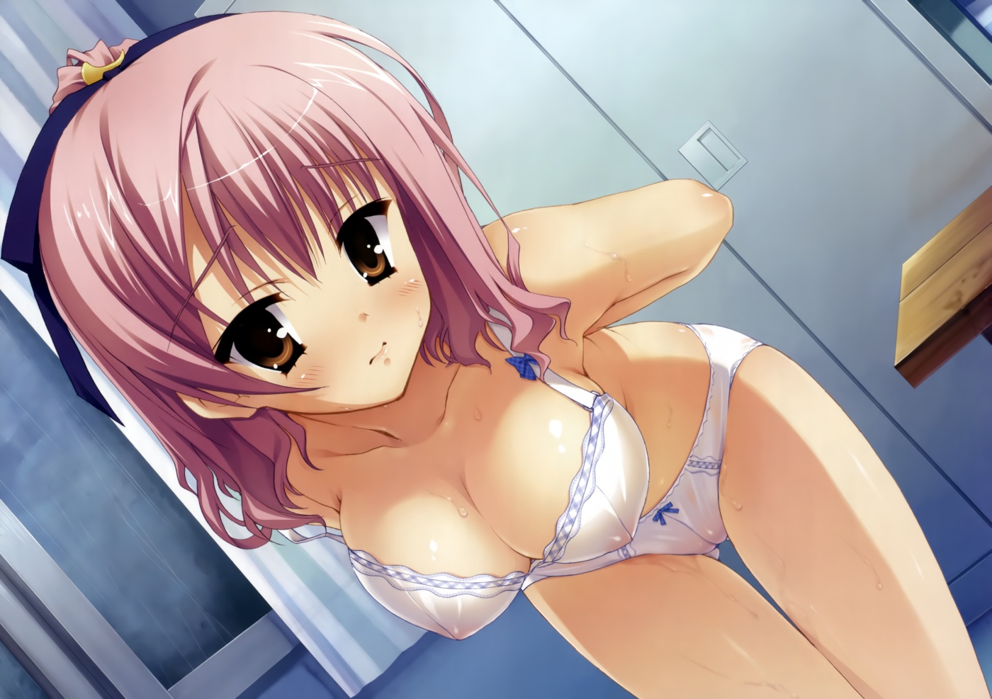 kobuichi, tokiwa mahiro, tenshinranman, 1girl, bent over, blue bow, blush, bow, bow bra, bow panties, bra, breasts, brown eyes, cleavage, covered erect nipples, female focus, large breasts, lingerie, matching underwear, panties, pink hair, see-through clothes, solo, underwear, wet, white bra, white panties