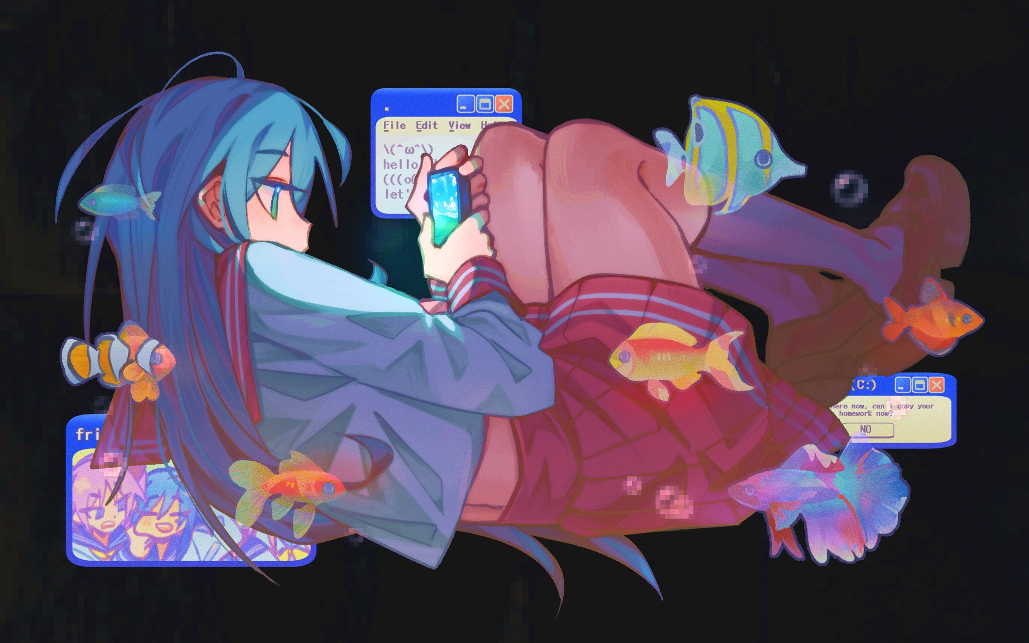luwwakk, hiiragi kagami, izumi konata, lucky star, highres, 1girl, ahoge, black background, blue hair, brown shoes, bubble, censored, film grain, fish, from behind, green eyes, hands up, holding, holding phone, kneehighs, knees up, loafers, long hair, long sleeves, looking at phone, lying, midriff, miniskirt, mosaic censoring, on back, phone, pink sailor collar, pink skirt, pleated skirt, profile, purple socks, sailor collar, school uniform, screen light, shirt, shoes, simple background, skirt, socks, solo, white shirt, window (computing)