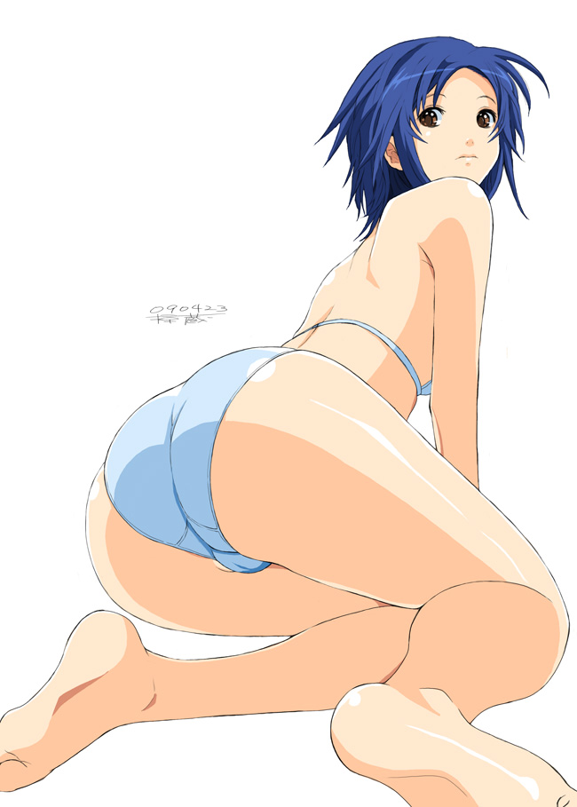 ryouzou, 1girl, all fours, aqua bra, aqua panties, ass, barefoot, blue bra, blue hair, blue panties, bra, brown eyes, butt crack, cameltoe, feet, female focus, from behind, lingerie, looking back, panties, short hair, simple background, soles, solo, trefoil, underwear, underwear only