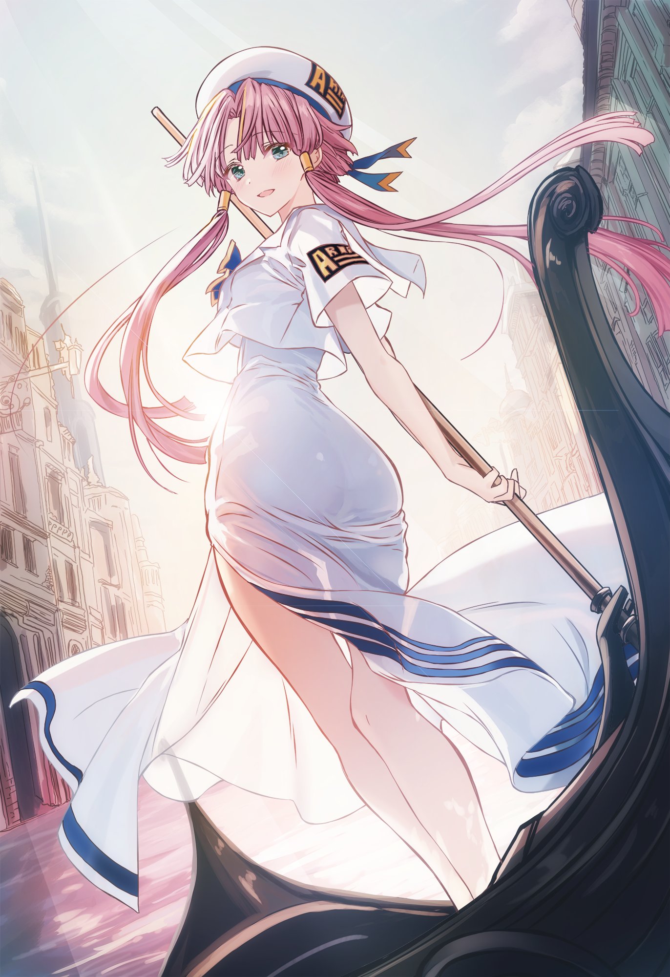 cutlass (classic chocolate), mizunashi akari, aria (manga), commentary request, highres, 1girl, ass, boat, cloud, dress, evening, feet out of frame, gondola, green eyes, hat, holding, holding paddle, long hair, looking at viewer, on boat, open mouth, outdoors, paddle, parted bangs, pink hair, short sleeves, solo, standing, sunset, watercraft, white dress, white hat