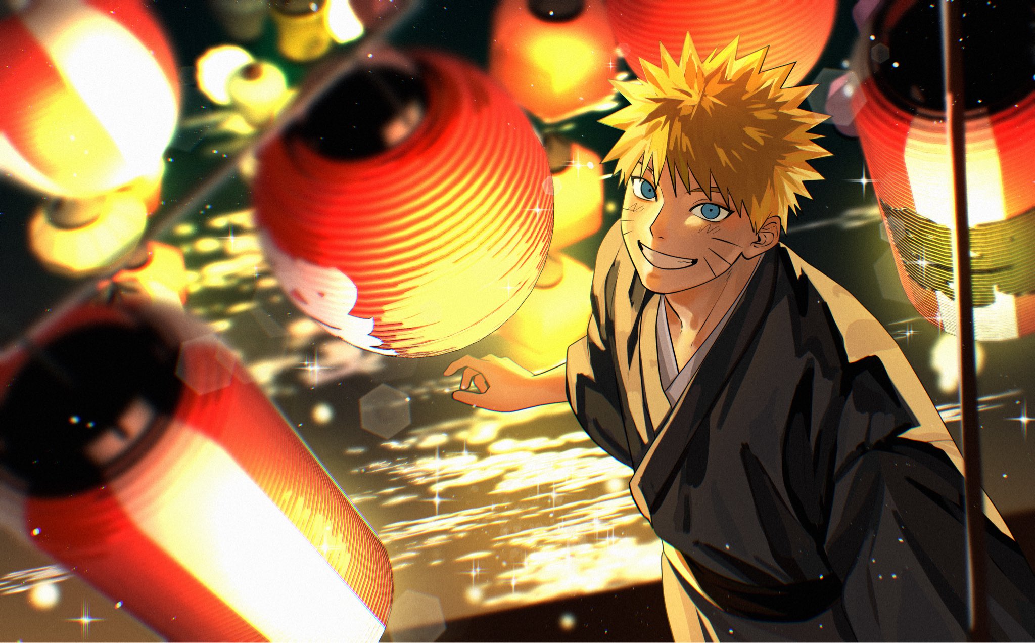 uzumaki naruto, naruto (series), highres, textless version, 1boy, bagyuli271, black kimono, blonde hair, blue eyes, facial mark, from above, grin, japanese clothes, kimono, lantern, lantern festival, male focus, short hair, sky lantern, smile, solo, spiked hair, teeth, whisker markings