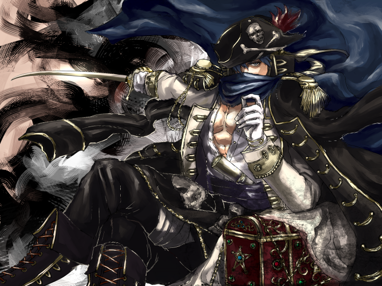 homex, kaito (vocaloid), hai wa hai ni (vocaloid), vocaloid, 1boy, blue hair, coat, hat, male focus, pirate, scarf, sitting, solo, sword, treasure chest, weapon