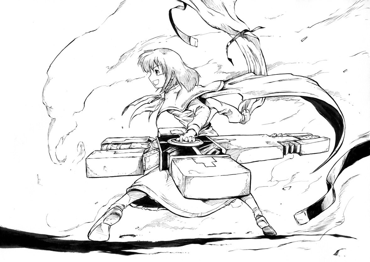 pandemonium, nicholas d. wolfwood, okazaki yumemi, phantasmagoria of dim.dream, touhou, touhou (pc-98), trigun, 1girl, cross, female focus, greyscale, gun, monochrome, parody, solo, weapon
