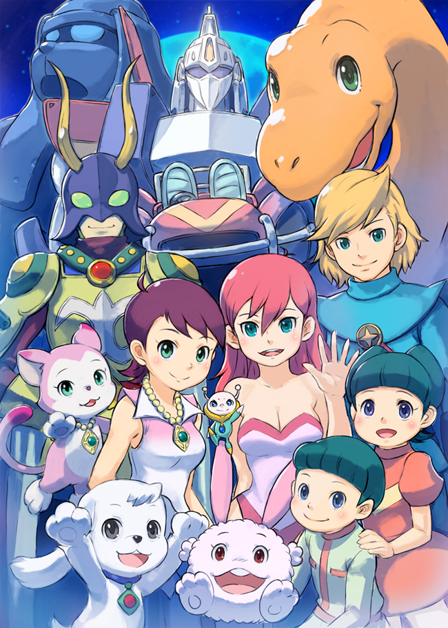 muuten, banhou, bauwanko the first, chammy, clem (doraemon), eru (doraemon), kuntakku, mangetsu miyoko, mangetsu miyoko (cat), papi, piisuke (doraemon), pisuke (doraemon), riruru (doraemon), ropple, underwater buggy, zanda claus, daichouhen doraemon, doraemon, doraemon: nobita no daimakyou, doraemon: nobita no kaitei kiganjou, doraemon: nobita no kyouryuu, doraemon: nobita no makai daibouken, doraemon: nobita no uchuu hyouryuu-ki, doraemon: nobita no uchuu hyouryuuki, doraemon: nobita no uchuu kaitakushi, doraemon: nobita no uchuu shousensou, doraemon: nobita to ryuu no kishi, doraemon: nobita to tetsujin heidan, annotation request, 3boys, 3girls, aqua eyes, aqua hair, armor, blonde hair, blue eyes, breasts, cat, cleavage, dog, everyone, green eyes, grey eyes, helmet, horns, jewelry, large breasts, mecha, medium breasts, moon, multiple boys, multiple girls, necklace, night, pendant, pink hair, red eyes, robot, smile