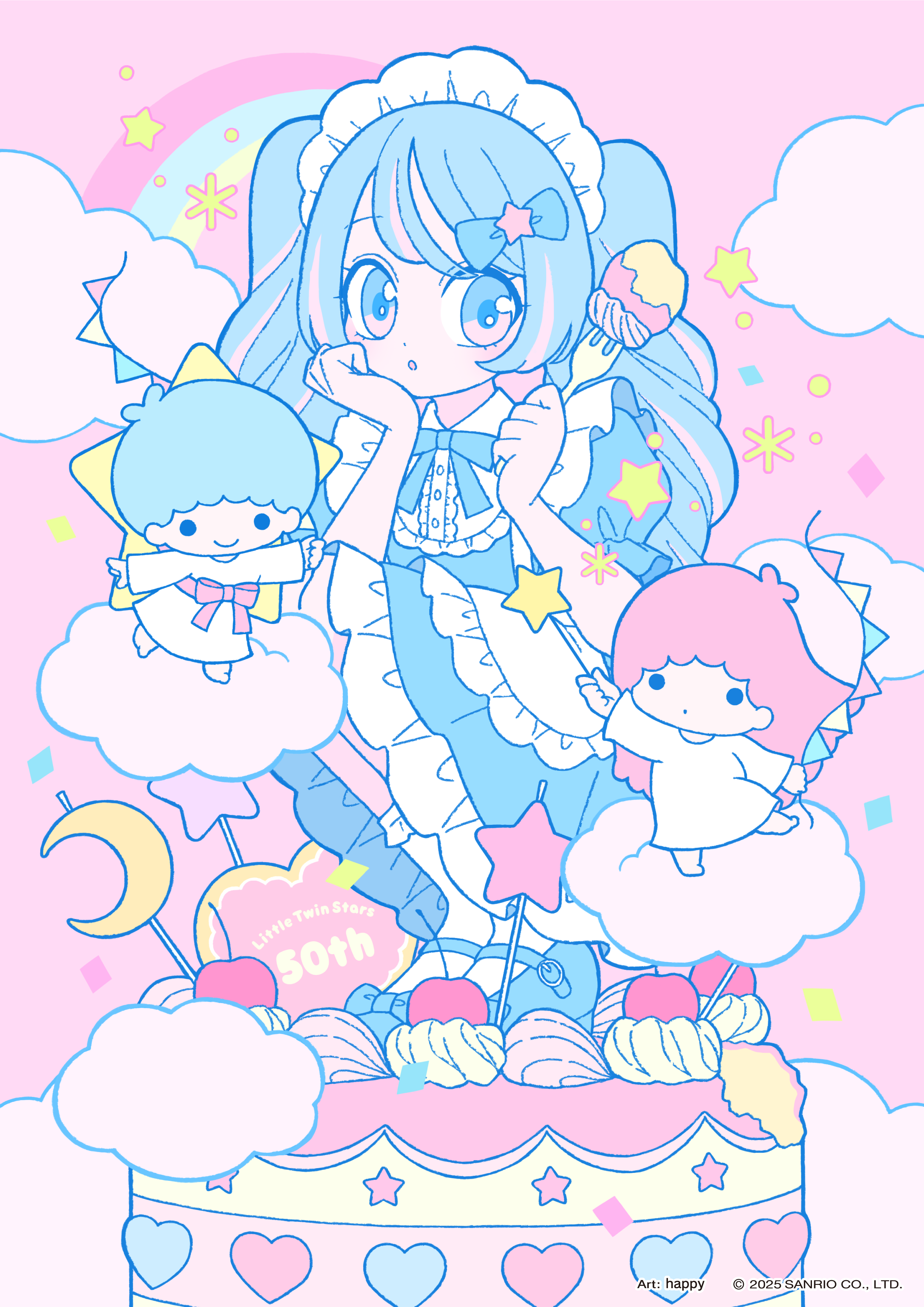 happy (happi illust), kiki (little twin stars), lala (little twin stars), little twin stars, sanrio, absurdres, highres, official art, 1boy, 1girl, 2girls, blue dress, blue eyes, blue hair, cake, cherry, cloud, dress, food, fork, fruit, full body, holding, holding fork, holding wand, long hair, looking at viewer, maid headdress, mini person, miniboy, minigirl, multiple girls, on food, pink background, pink hair, rainbow, robe, socks, squatting, star (symbol), wand, white robe, white socks