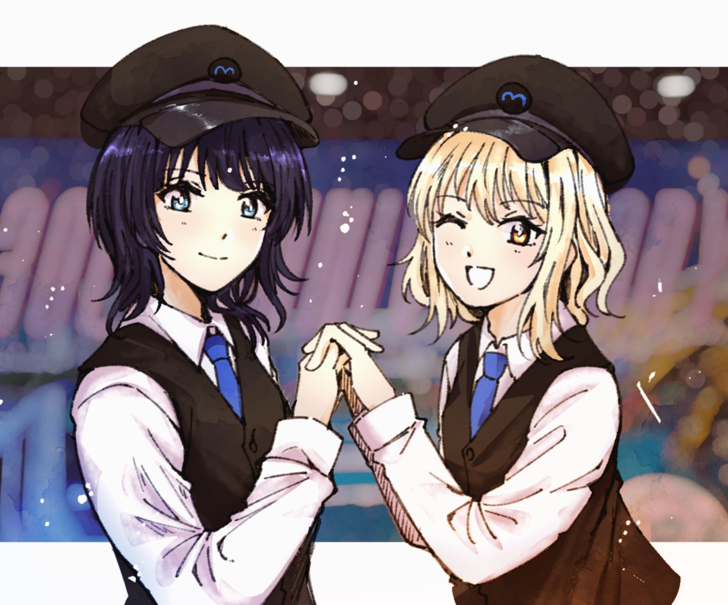 typeakiha73, asaka karin, miyashita ai, love live!, love live! nijigasaki high school idol club, commentary request, highres, 2girls, ;d, black hat, black vest, blonde hair, blue eyes, blue necktie, blurry, blurry background, closed mouth, collared shirt, diverdiva, dress shirt, hat, holding hands, interlocked fingers, letterboxed, long sleeves, looking at viewer, medium hair, multiple girls, necktie, one eye closed, open mouth, outside border, purple hair, shirt, smile, split mouth, vest, white shirt, yellow eyes