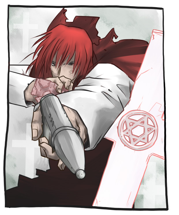 rodney (melagal), okazaki yumemi, phantasmagoria of dim.dream, touhou, touhou (pc-98), bad id, bad pixiv id, gender request, 1boy, cape, cross, genderswap, gun, male focus, solo, weapon