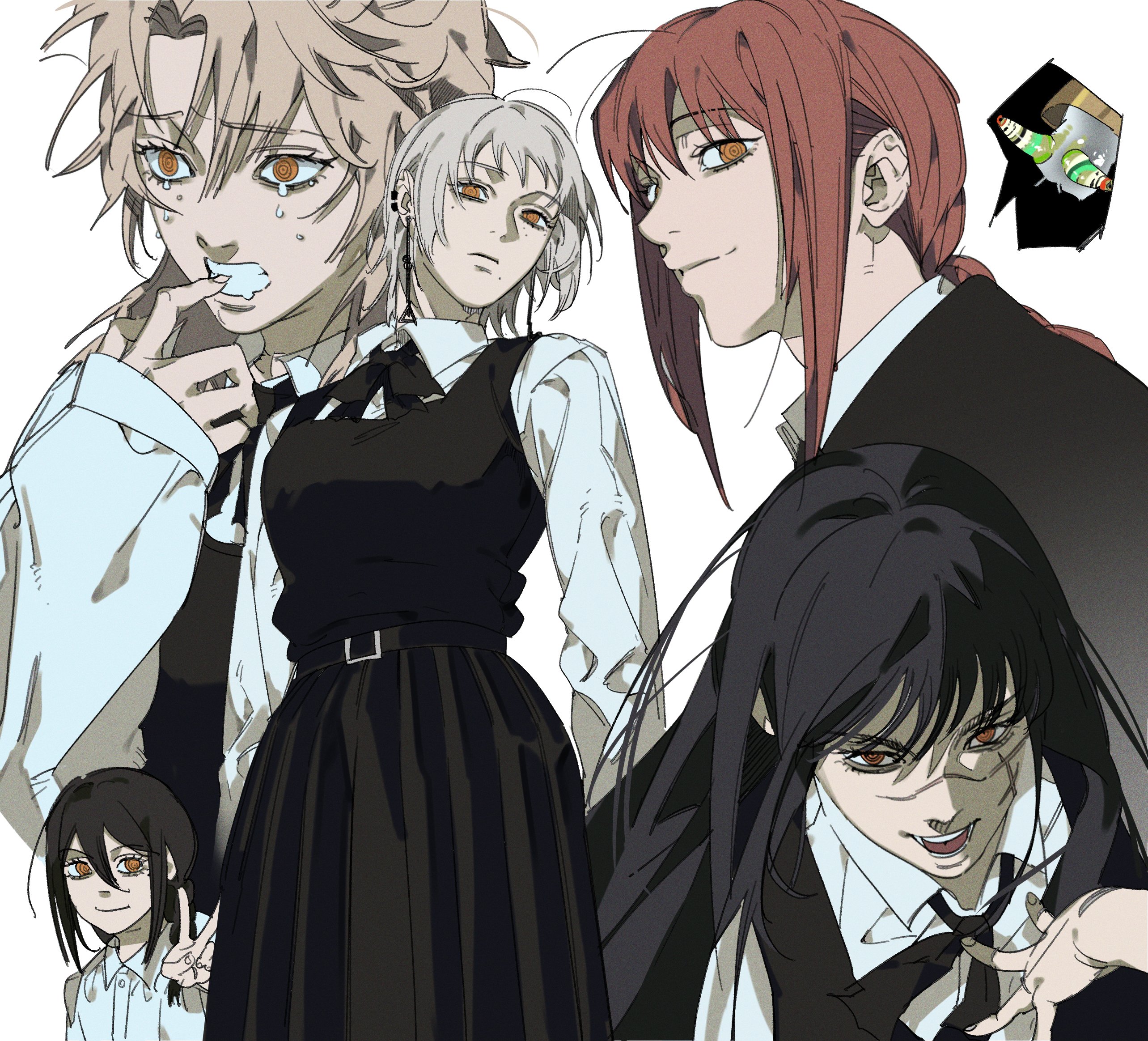 dong2taku, fami (chainsaw man), famine devil (chainsaw man), makima (chainsaw man), nayuta (chainsaw man), yoru (chainsaw man), chainsaw man, highres, 5girls, biting own finger, black coat, black dress, black hair, brown hair, coat, dress, facial scar, fourth east high school uniform, grey hair, long hair, medium hair, multiple girls, orange eyes, pinafore dress, red hair, ringed eyes, scar, scar on cheek, scar on face, scar on nose, school uniform, shirt, sidelocks, sleeveless, sleeveless dress, speech bubble, v, white shirt