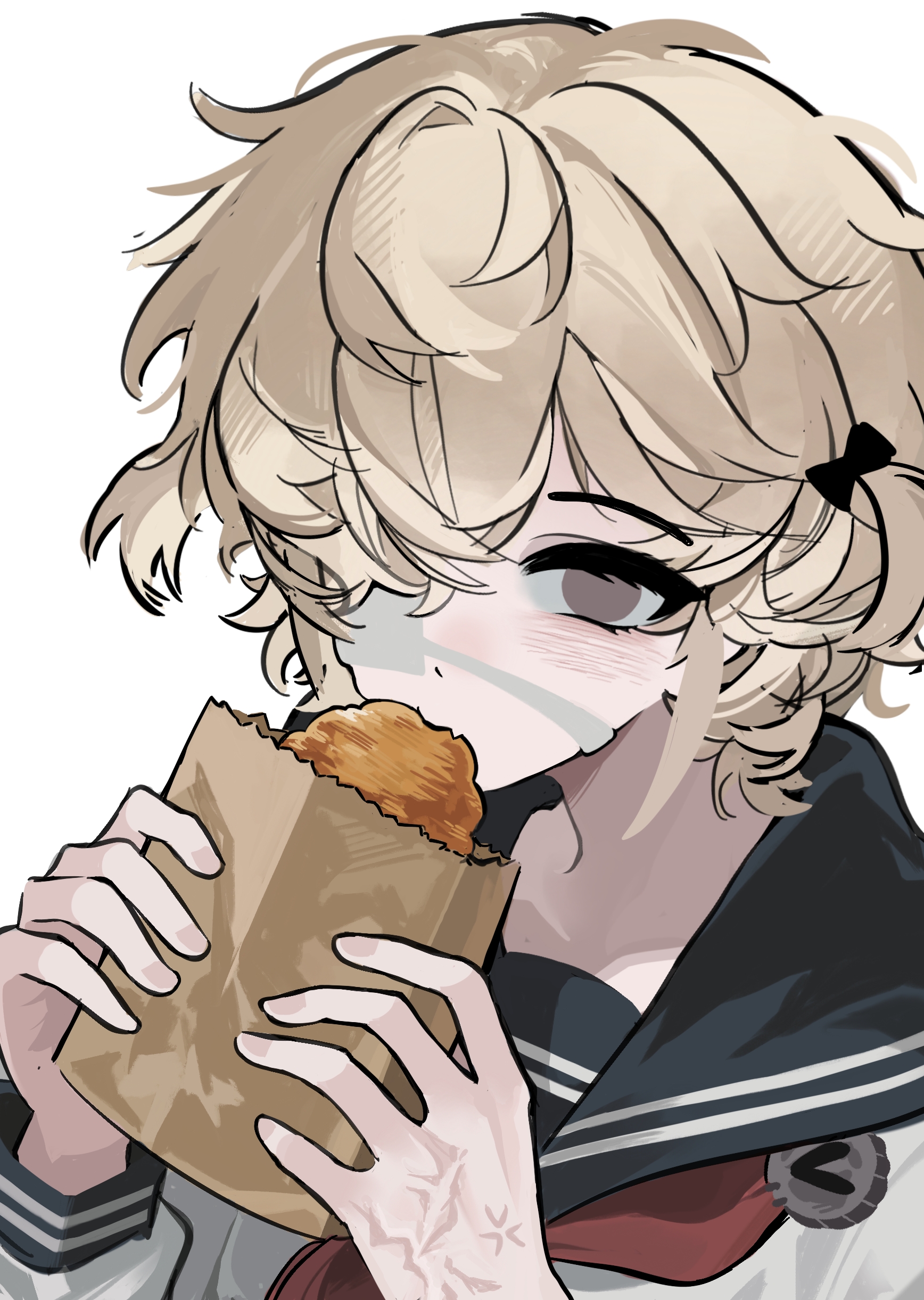 florian brand, identity v, absurdres, highres, 1girl, amo0876310, black bow, blonde hair, blush, bow, brown eyes, burn scar, buttons, chocolate cornet, eating, eyepatch, fang, food, genderswap, genderswap (mtf), hair bow, hair over one eye, holding, holding food, long sleeves, looking at viewer, medical eyepatch, messy hair, neckerchief, one eye covered, red neckerchief, sailor collar, scar, school uniform, serafuku, shirt, short hair, short side ponytail, simple background, solo, upper body, white background, white shirt