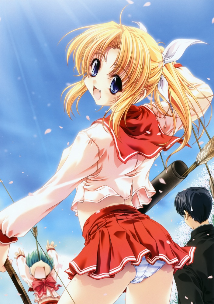 miyama-zero, fujita hiroyuki, miyauchi lemmy, multi (to heart), to heart, to heart (series), 2girls, arrow (projectile), ass, black hair, blonde hair, blue eyes, bow (weapon), day, fang, miniskirt, multiple girls, panties, pantyshot, petals, red skirt, robot ears, school uniform, serafuku, skirt, sky, smile, solo focus, standing, striped clothes, striped panties, underwear, upskirt, weapon