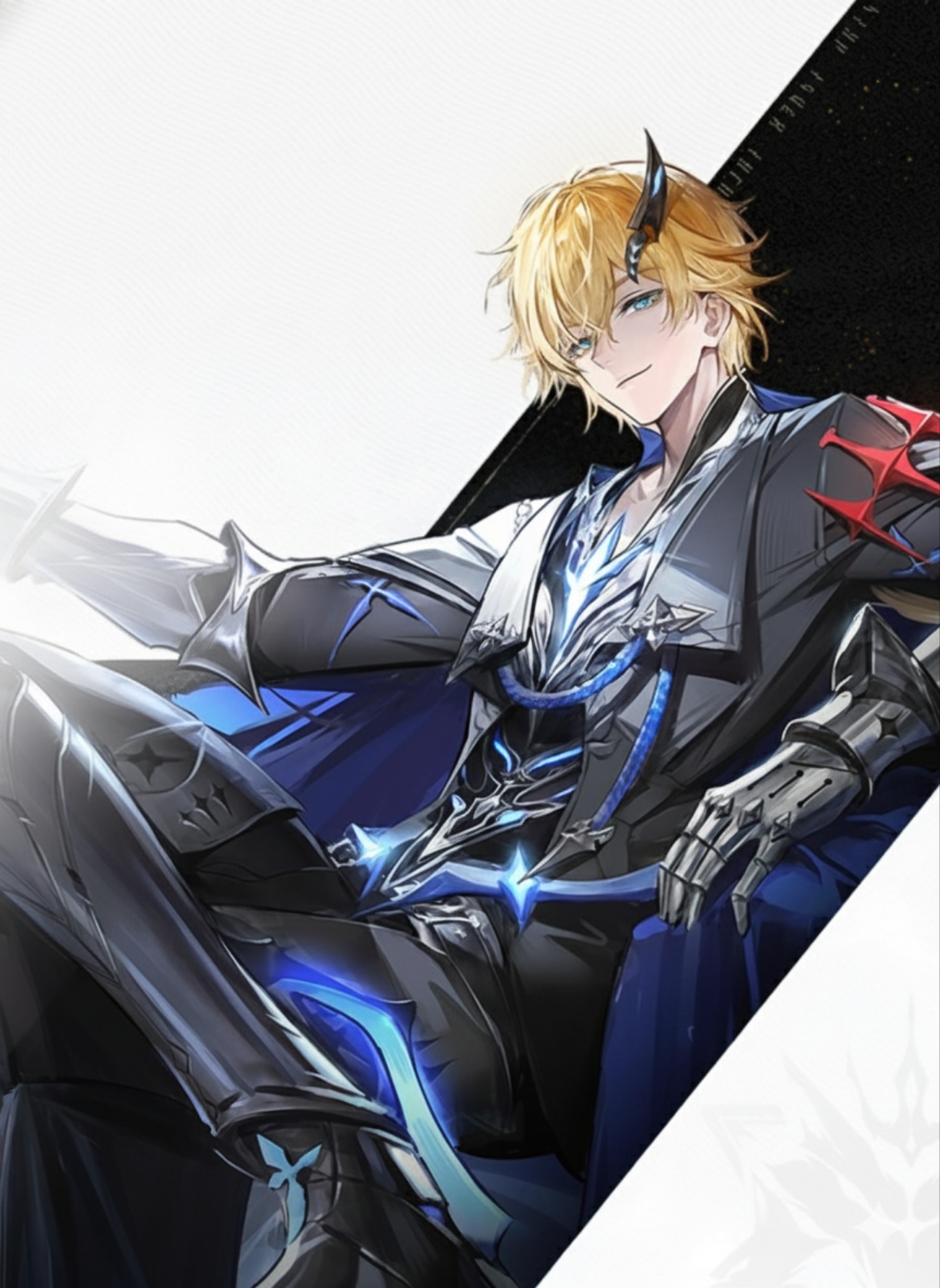 duet night abyss, 1boy, armored gloves, blonde hair, blue eyes, formal clothes, looking at viewer, male focus, randy (duet night abyss), sitting, smile, suit, white background