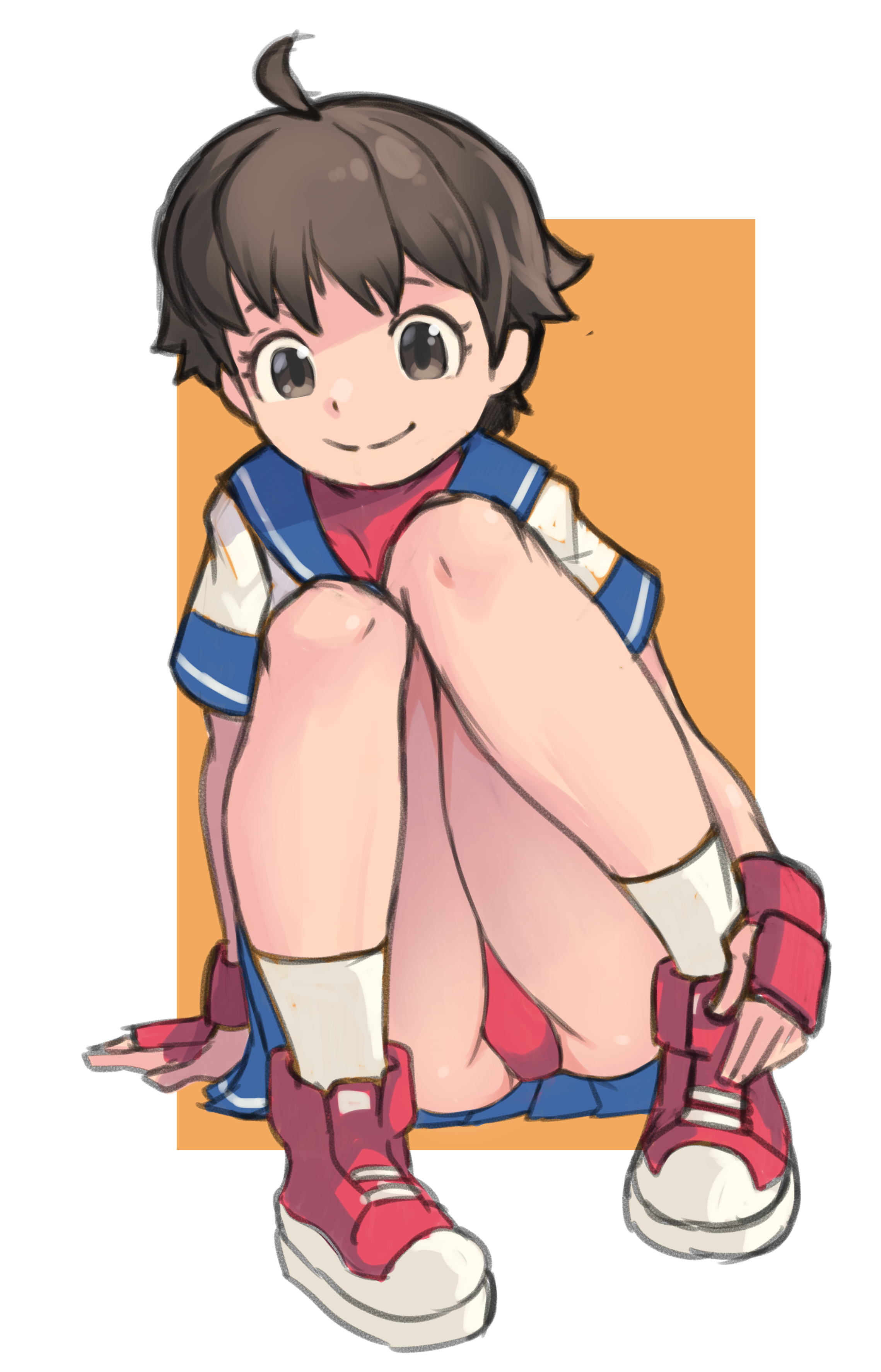 okeratan, kasugano sakura, sneaker, capcom, ass, groin, legs, messy hair, panties, school uniform, sitting, skirt, smile, socks, street fghter, tomboy, underwear