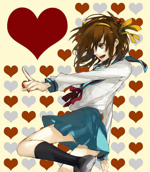 akio (89e), suzumiya haruhi, suzumiya haruhi no yuuutsu, 00s, hairband, heart, school uniform, serafuku, short hair, solo