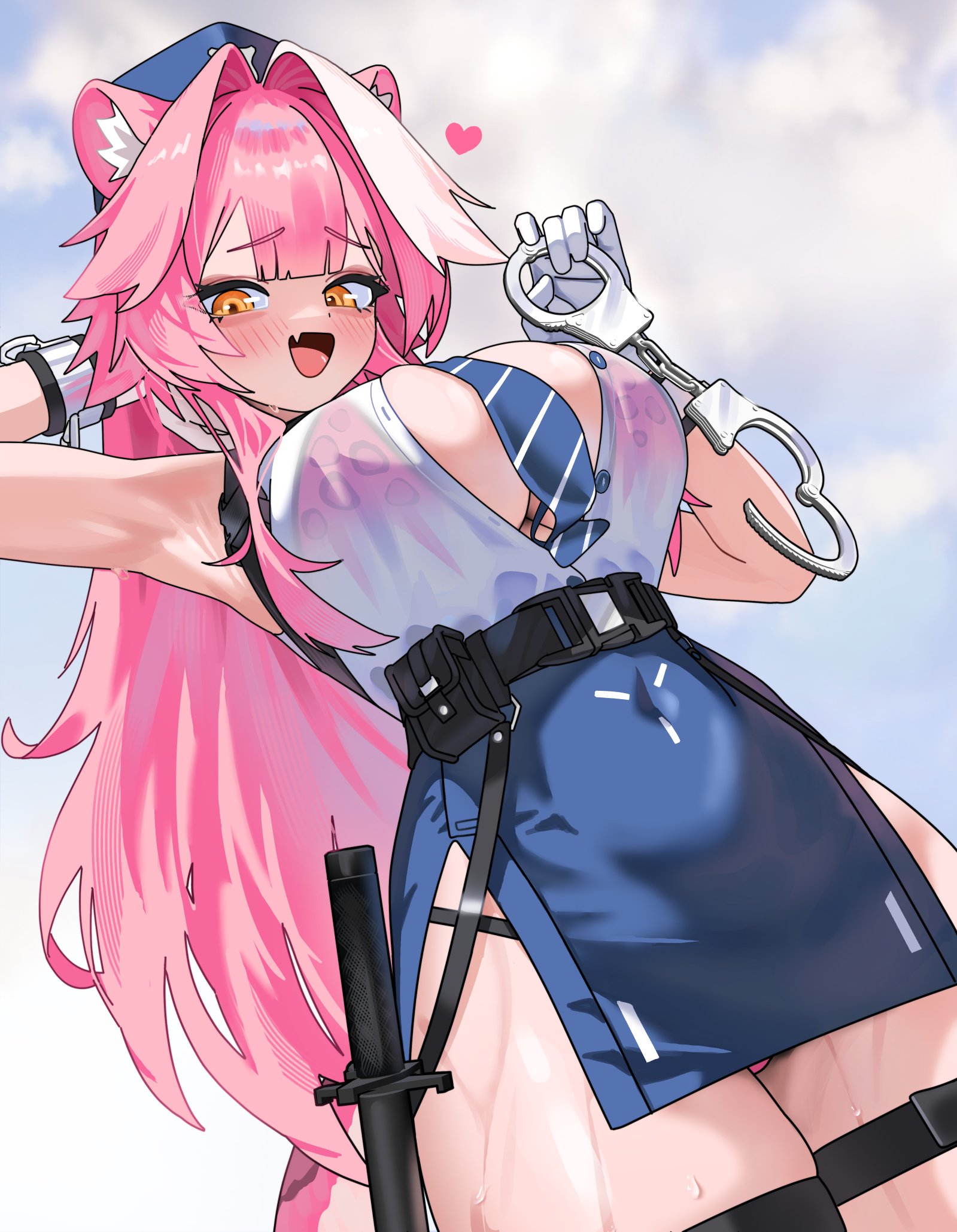 gurumie, raora panthera, hololive, hololive english, highres, 1girl, alternate costume, animal ears, baton (weapon), bikini, bikini visible through clothes, blue necktie, blue skirt, breasts, cuffs, handcuffs, holding, holding handcuffs, large breasts, necktie, open mouth, panther ears, panther girl, panther tail, pink bikini, pink hair, police, police uniform, policewoman, shirt, side slit, skirt, sleeveless, sleeveless shirt, solo, swimsuit, tail, virtual youtuber, weapon, yellow eyes