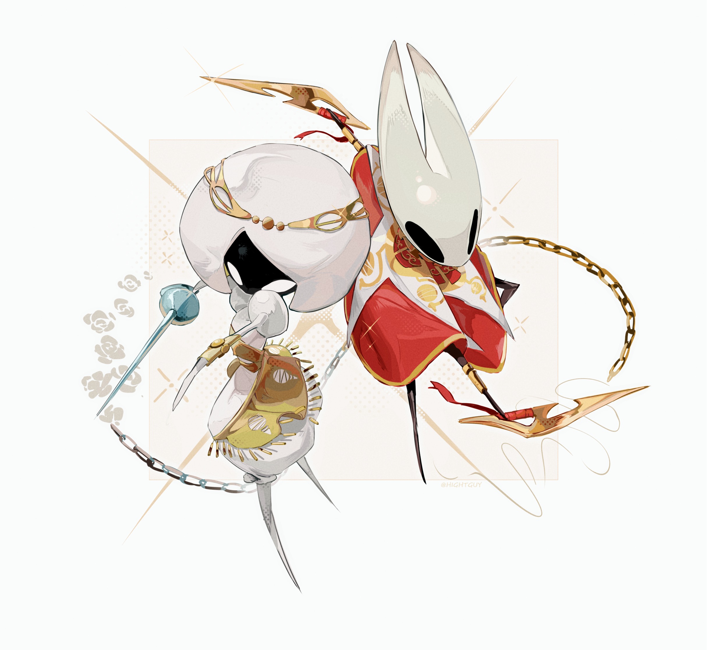 hightguy, hornet (hollow knight), lace (hollow knight), hollow knight, hollow knight: silksong, chinese commentary, commentary request, highres, 2girls, arthropod girl, back-to-back, blank eyes, bodysuit, border, chain, cloak, film grain, flower, from above, gold trim, halftone, halftone background, hat, holding, holding polearm, holding weapon, hollow eyes, horned mask, juliet sleeves, lance, long sleeves, looking ahead, mask, multiple girls, no mouth, outside border, polearm, puffy sleeves, red cloak, rose, simple background, sparkle, standing, standing on one leg, weapon, white bodysuit, white border, white flower, white hat, white mask, white rose, yellow background