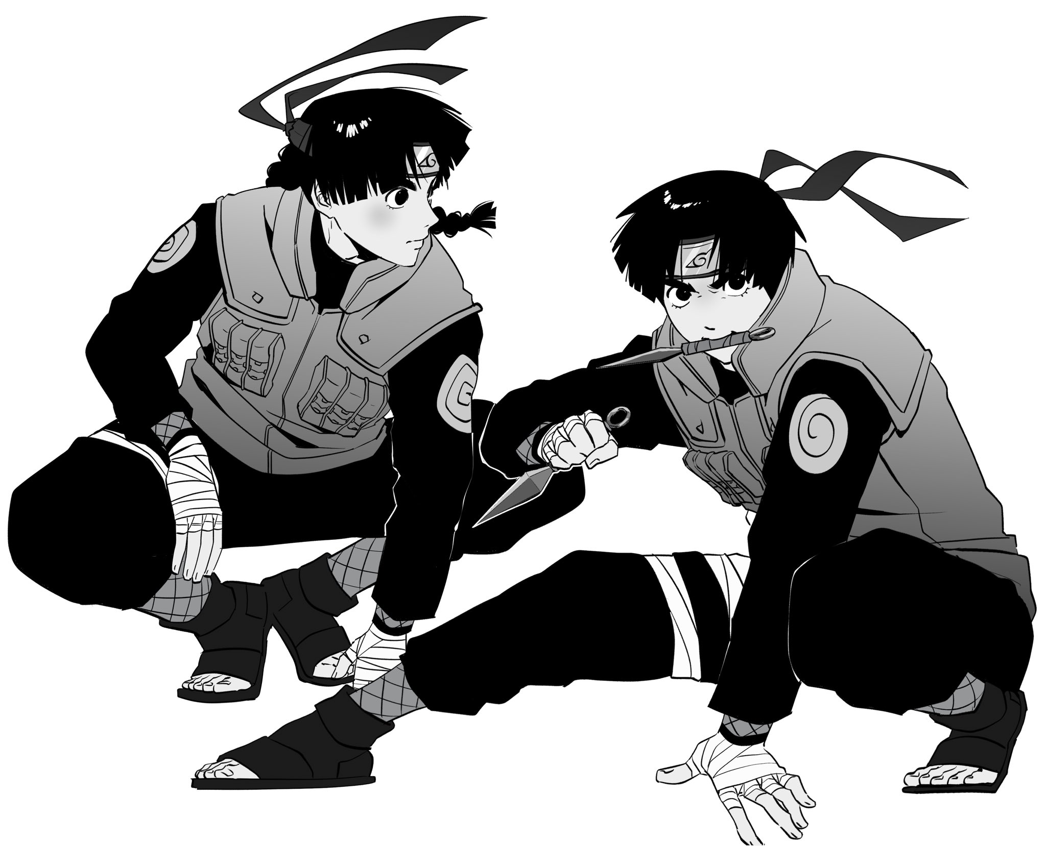 rock lee, naruto (series), highres, 1boy, bagyuli271, bandaged hand, bandaged leg, bandages, black hair, black pants, black shirt, black shoes, blunt bangs, braid, fishnet sleeves, fishnet socks, fishnets, full body, furrowed brow, headband, holding, holding kunai, holding weapon, knife in mouth, kunai, lunging, male focus, multiple views, open-toe shoes, pants, parted bangs, shirt, shoes, short hair with long locks, single braid, socks, solo, squatting, thick eyebrows, vest, weapon, white background