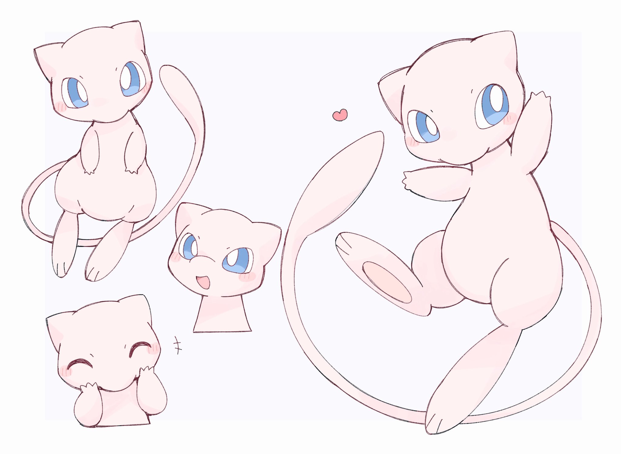 kuzuyu, mew (pokemon), nintendo, pokemon, highres, blue eyes, blush, bright pupils, closed eyes, colored skin, gen 1 pokemon, legendary pokemon, multiple views, mythical pokemon, open mouth, pink skin, pokemon (creature), simple background, tail, white background, white pupils