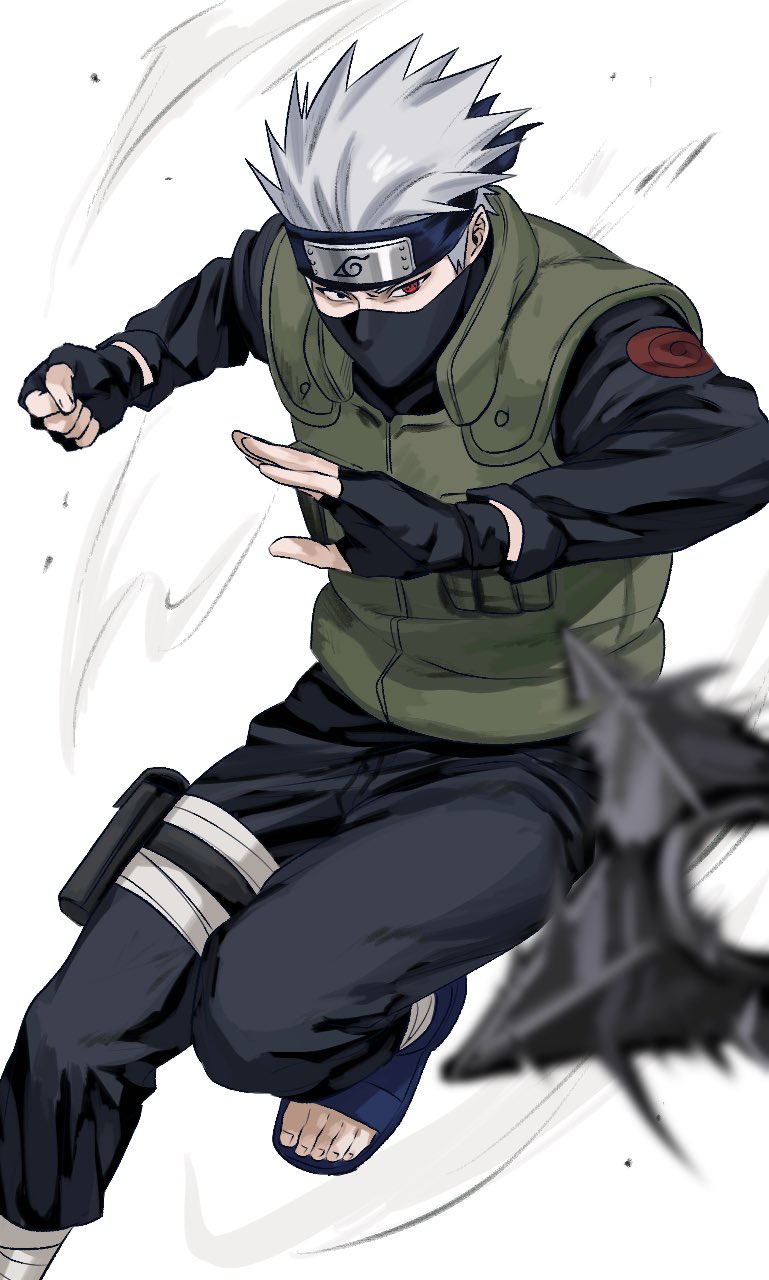 hatake kakashi, naruto (series), highres, 1boy, bagyuli271, bandaged leg, bandages, black gloves, black mask, black pants, black shirt, black shoes, clenched hand, fighting stance, fingerless gloves, furrowed brow, gloves, green vest, grey hair, heterochromia, male focus, mask, mouth mask, open-toe shoes, pants, red eyes, shirt, shoes, short hair, shuriken, solo, vest, weapon, white background